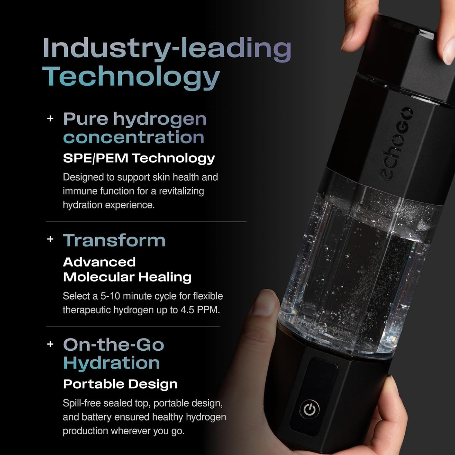 Echo Go+ Hydrogen Water Bottle - Hydrogen Infusion Technology - Rechargeable Water Bottle - SPE & PEM Purification - Active Hydration Support for Skin Health & Immune Function - 10 oz