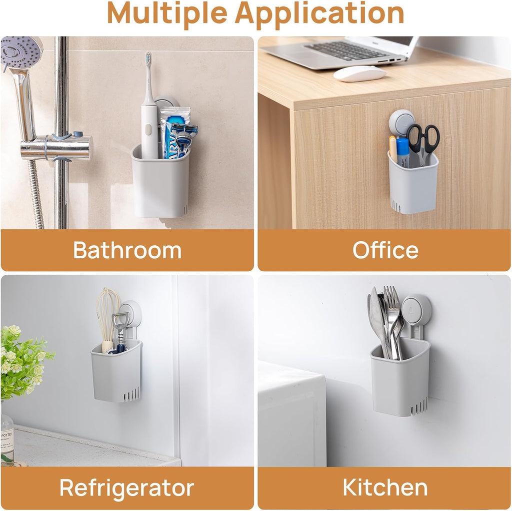 LEVERLOC Powerful Suction Cup Toothbrush Holder, Drill-Free Wall Shower Holder for Toothbrush, Toothpaste, Razor, Removable Suction Cup in Shower, Self-draining Kitchen Tableware Organizer, Gray