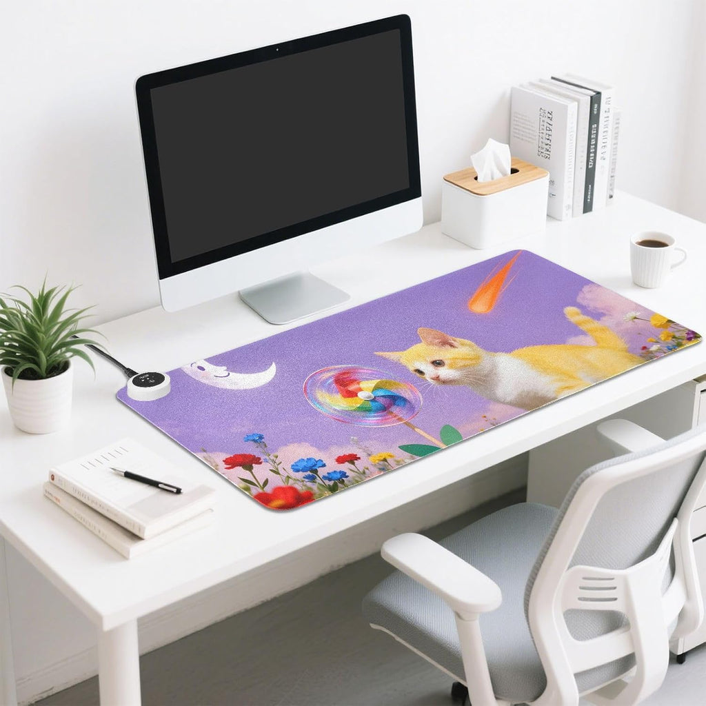 Large Heated Mouse Pad,Leather Desk Mat,31.5"x13",Hand Warmer Pads for Desk,Cat(Purple Yellow)