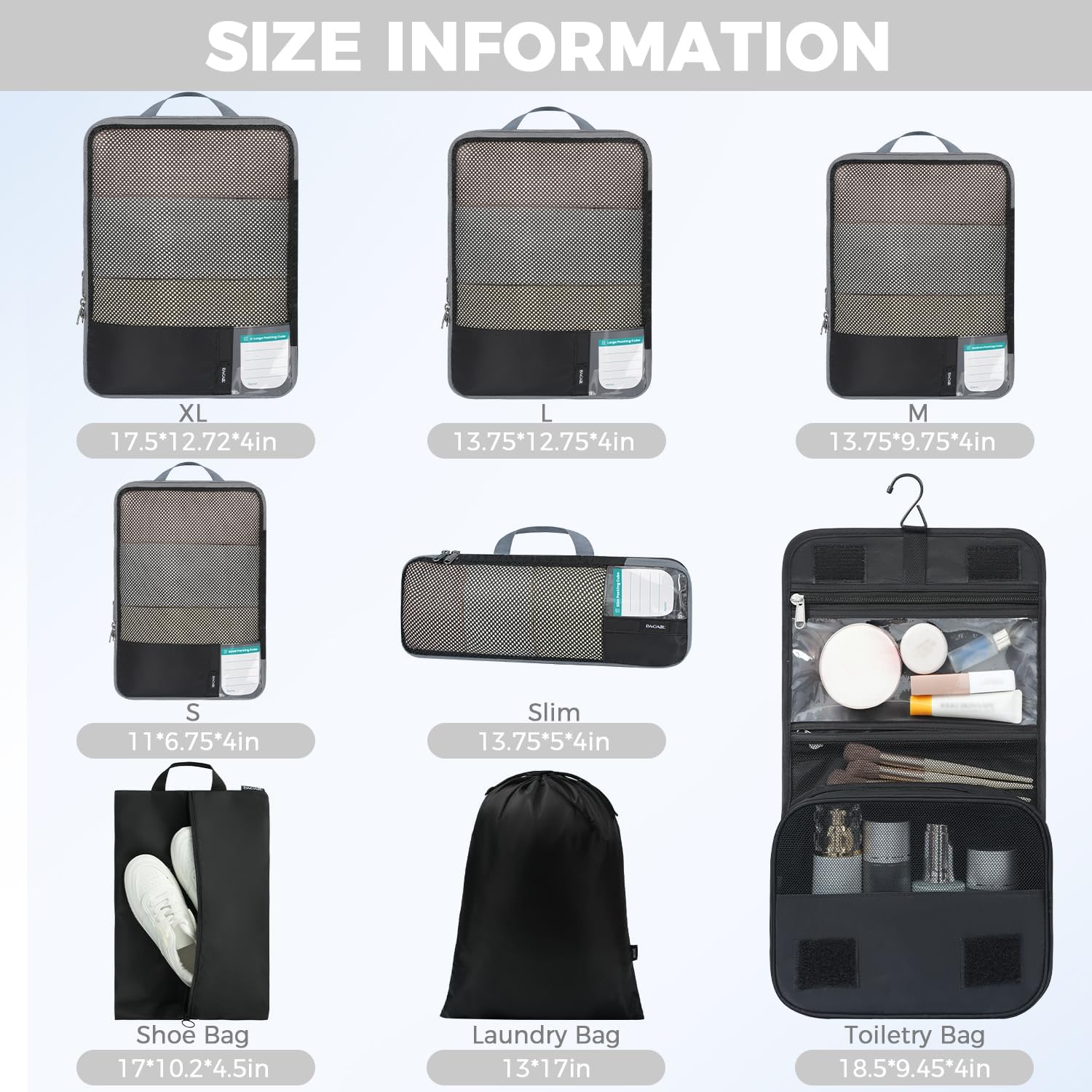 BAGAIL 4 Set/6 Set/8 Set Compression Packing Cubes Travel Accessories Expandable Packing Organizers (Half Mesh, 8-Jet Black)