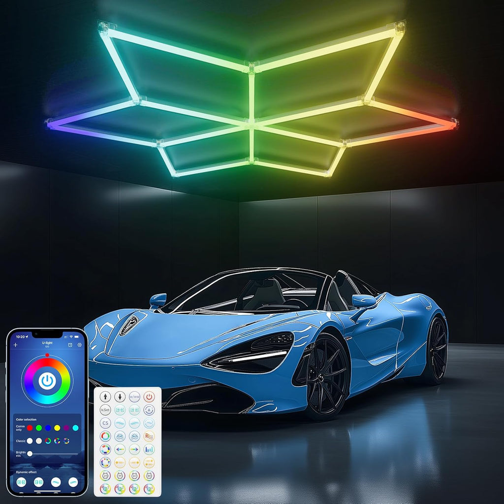 Hexagon Garage Lights RGB - Multicolor RGB with Music Sync Mode (358 Dynamic Effects), Dimming，Speed Control. Perfect for Gaming, Bars, Studios ，Home Gyms