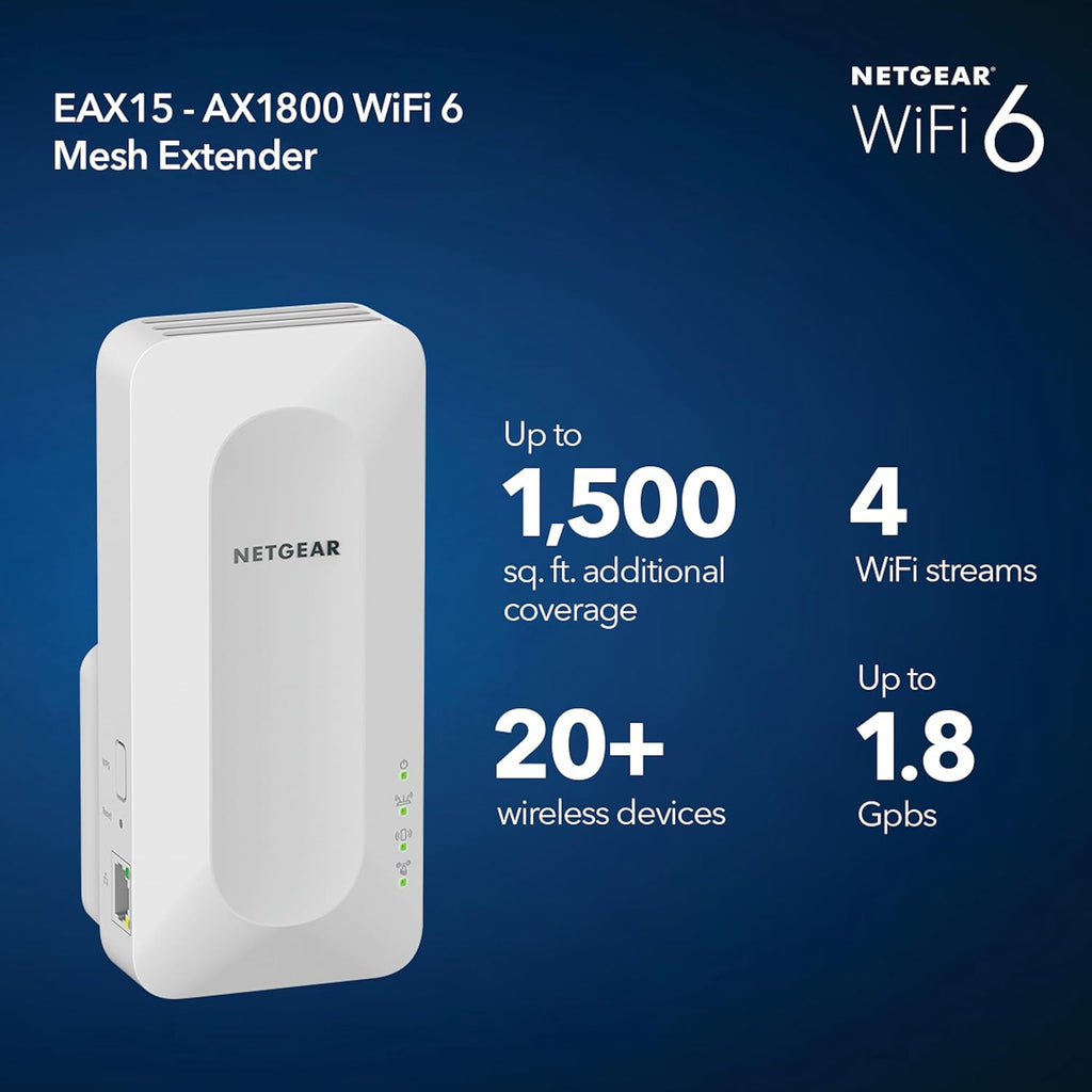 NETGEAR WiFi 6 Mesh Range Extender (EAX15) - Add up to 1,500 sq. ft., 20 Devices with AX1800 Dual-Band Wireless Signal Booster & Repeater (up to 1.8 Gbps Speed), WPA3 Security, One WiFi Name