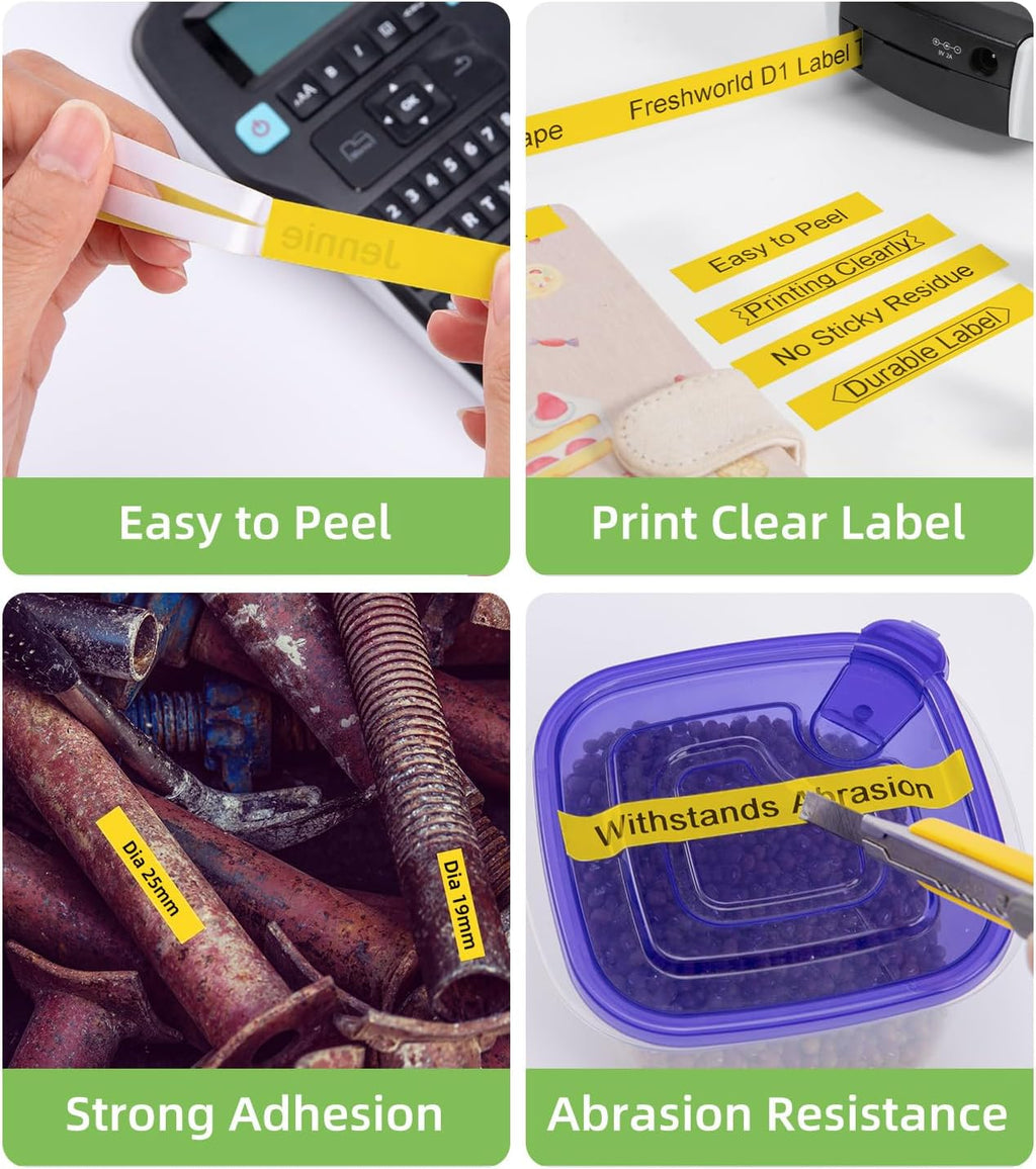 Freshworld Compatible with Dymo D1 Label Tape 45018 Replace for Dymo Label Maker Refills d1, Black on Yellow, 1/2 in x 23 Ft, for LabelManager 160 210D 260P 280 360D 420P PnP 220P 260P 500TS,6-Pack