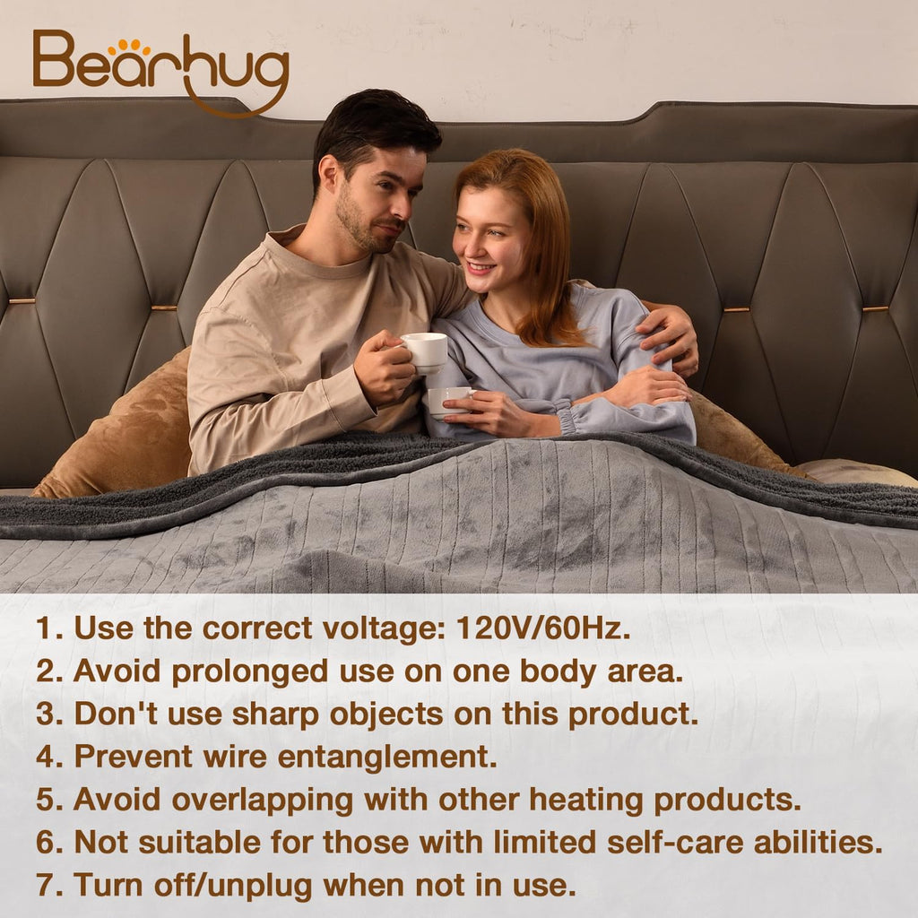 Bearhug Electric Blanket Queen Size 84" x 90", Dual Controllers Heated Blanket, Velvet & Sherpa, 10-Heating Level & 1-12H Auto Off, Taupe, Over-Heat Protect, ETL, Machine Washable