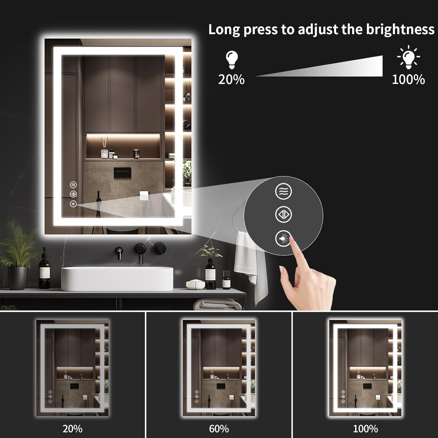 26"x38" LED Bathroom Mirror with Lights, Dimmable, Anti-Fog, Lighted Bathroom Vanity Mirror for Wall, Backlit + Front Lit, Memory Function, Shatter-Proof, Tempered Glass