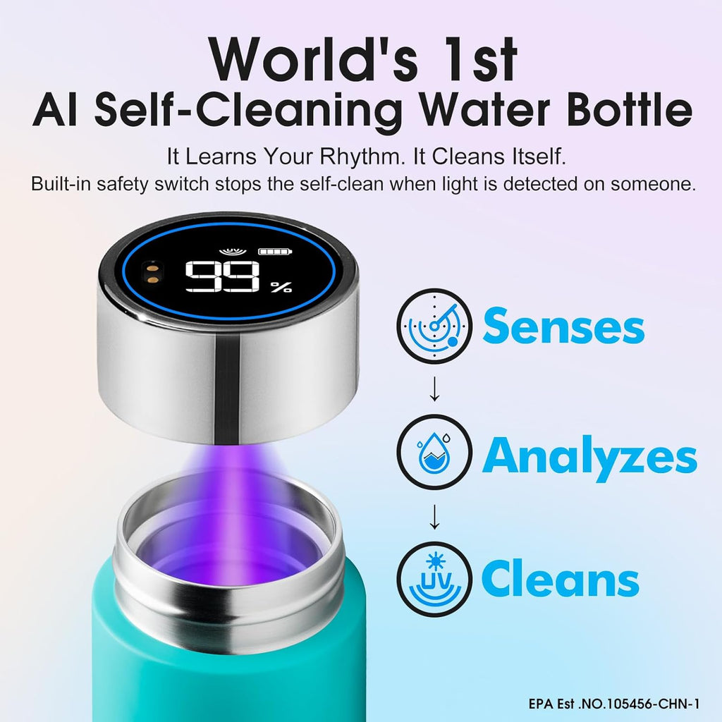 Vsitoo Smart self cleaning Insulated Water Bottle, 15oz Stainless Steel Vacuum Flask, AI Self-Clean, 30-Day Battery Life, BPA-Free, Magnetic Charging, Portable Travel Mug Gifts for Men Women, Blue