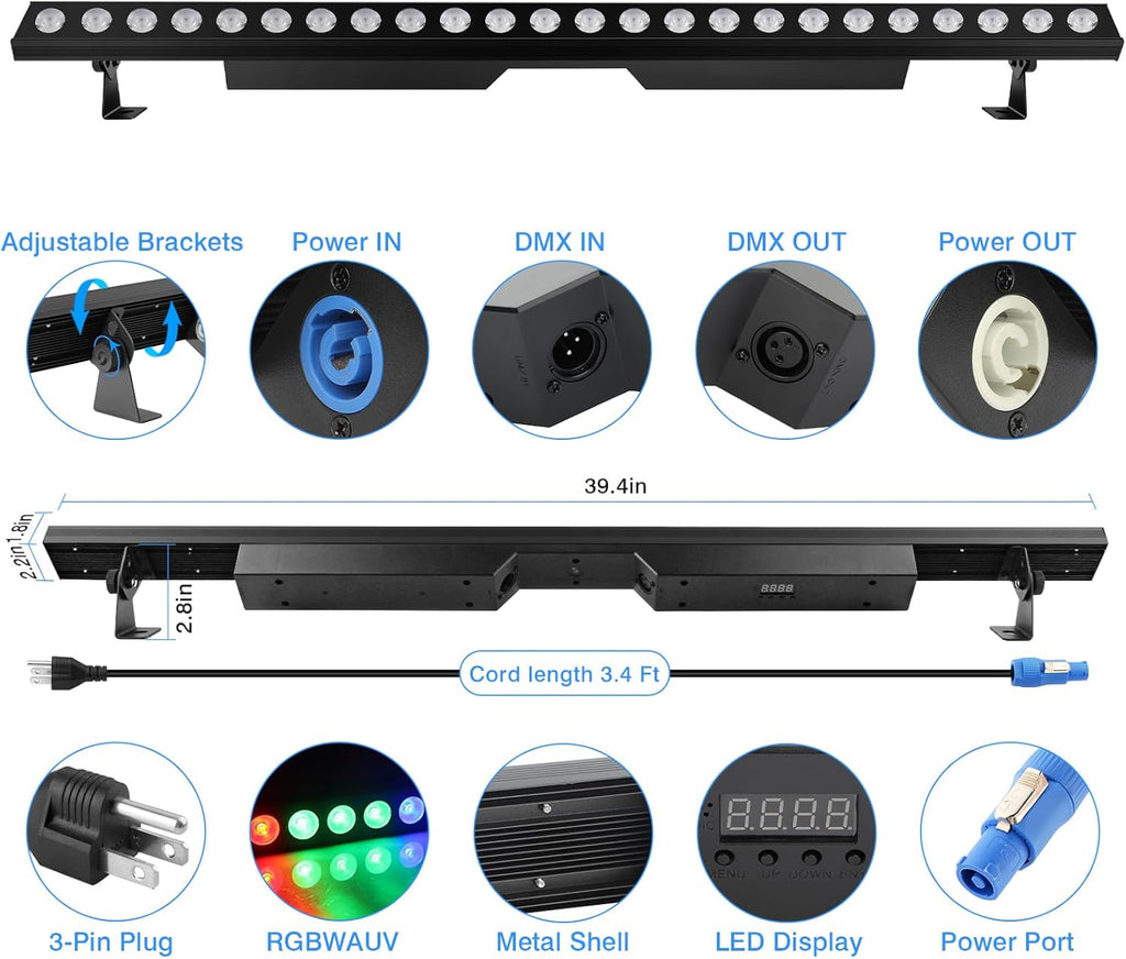 LED Stage Wash Light Bar - OPPSK 150W 6IN1 RGBWA+UV Color Changing Linear Wall Washer DJ Light Bar by DMX 8 Zones Control Sound Activated Uplight for Event Party Church Wedding Stage Lighting