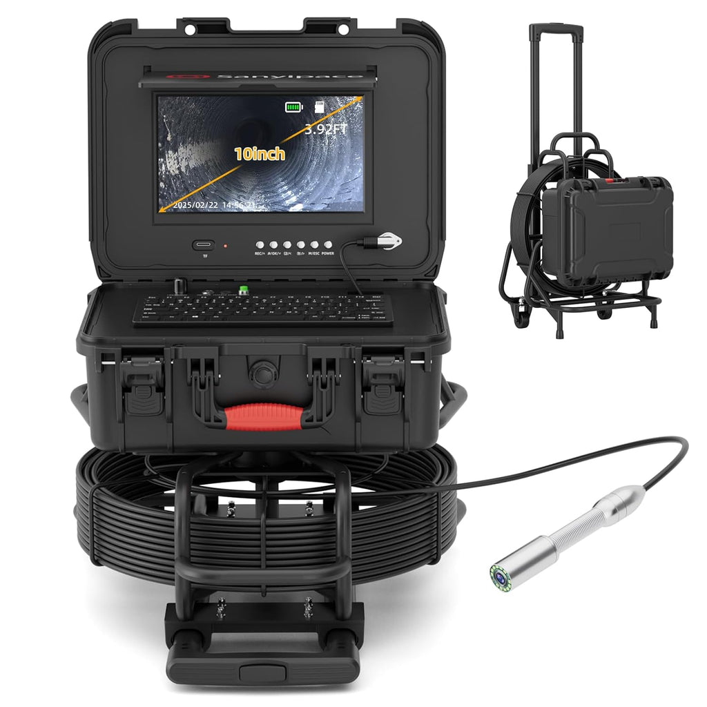 Sanyipace Sewer Camera 165FT/50M with Wheels and Retractable Handle, Self-Leveling, Support 512Hz Locator, Meter Counter, Video Audio Record, Speaker, Keyboard Input, 5x Zoom, 10" HD Screen, 7mm Cable