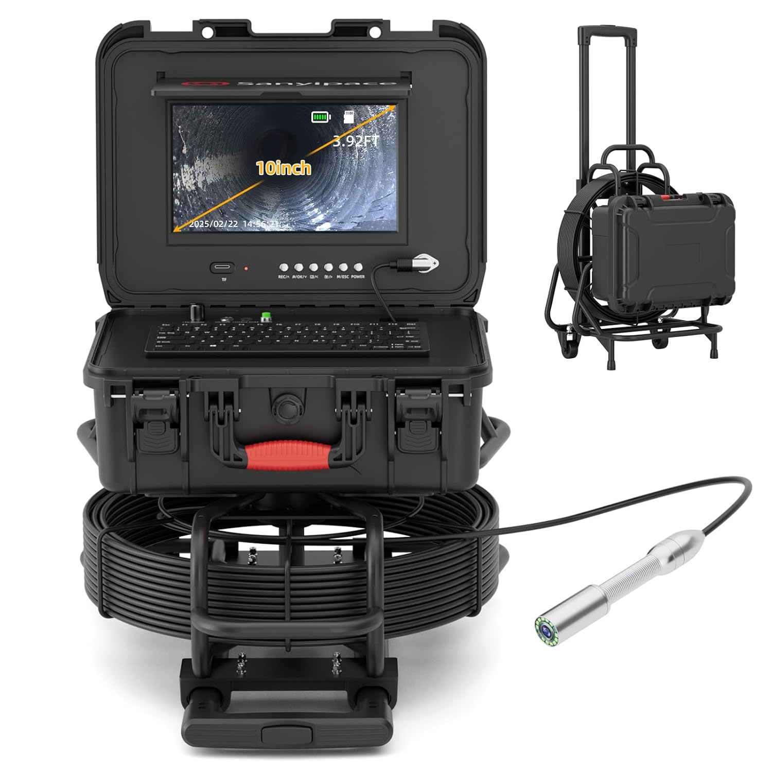 Sanyipace Sewer Camera 165FT/50M with Wheels and Retractable Handle, Self-Leveling, Support 512Hz Locator, Meter Counter, Video Audio Record, Speaker, Keyboard Input, 5x Zoom, 10" HD Screen, 7mm Cable