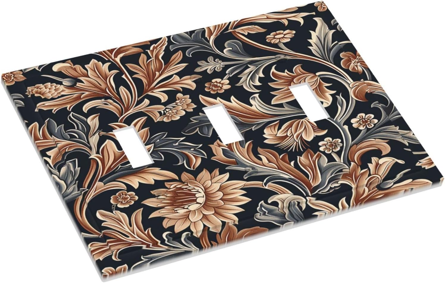Decorative Switch Plates Vintage Grey Plant Leaves Brown Flowers 3 Gang Wall Plate Triple Toggle Light Switch Cover Faceplate Electrical Wall Panels for Bedroom Home Decor