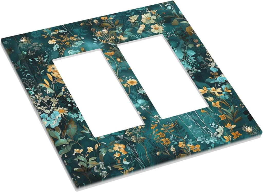 Decorative Outlet Covers Green Leaf Floral Boho Golden Flower Plant 2 Gang Double Gfci Rocker Electrical Wall Panels Light Switch Cover Plate For Bed Room Cabin Decor