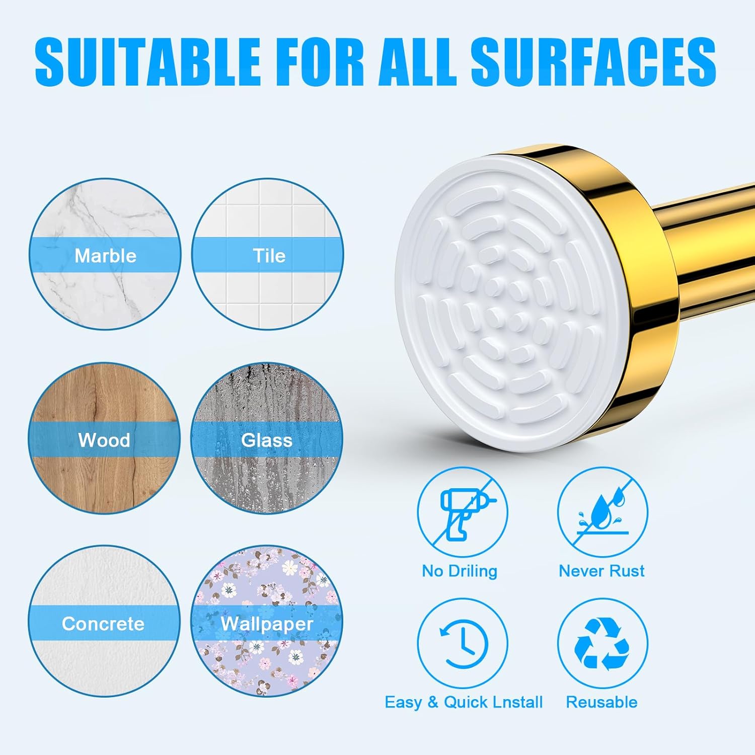 TEECK Shower Curtain Rod, 32-104 inch Adjustable Spring Tension Curtain Rod, Never Rust Anti-Slip Shower Curtain Rod for Bathroom, No Drilling, Never Collapse, Easy to Use, Gold