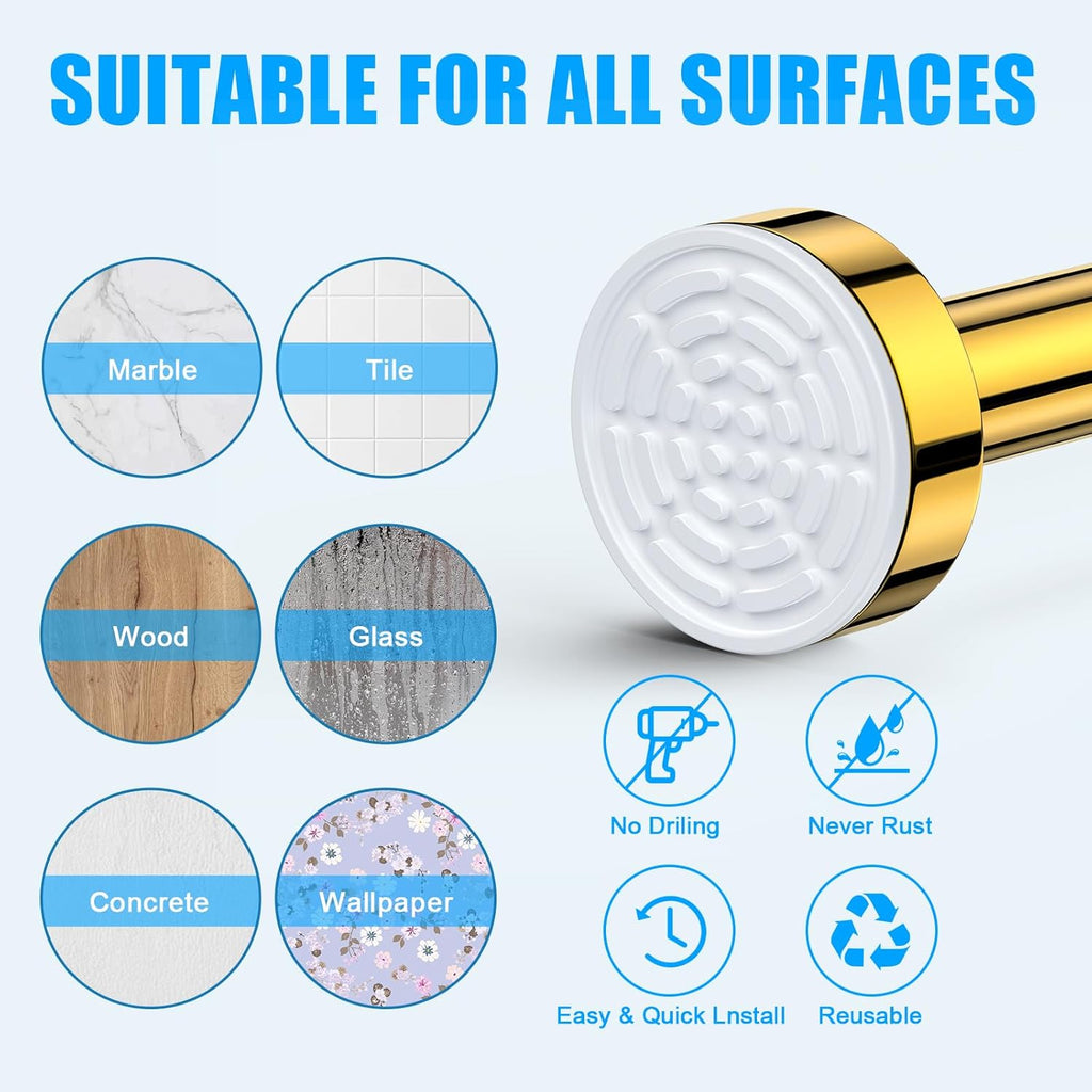TEECK Shower Curtain Rod, 32-92 inch Adjustable Spring Tension Curtain Rod, Never Rust Anti-Slip Shower Curtain Rod for Bathroom, No Drilling, Never Collapse, Easy to Use, Gold