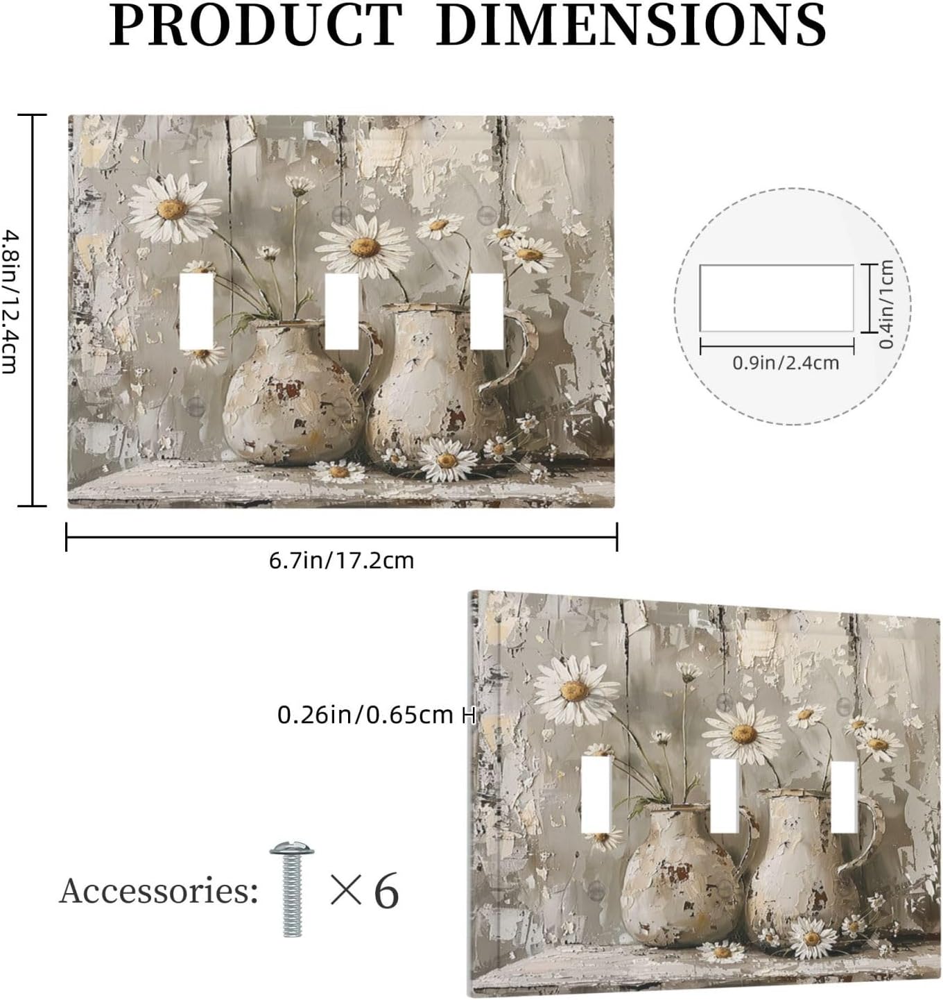 Decorative Switch Plates Vintage Rustic Floral White Daisy Flower Oil Painting Style 3 Gang Wall Plate Triple Toggle Light Switch Cover Faceplate Electrical Wall Panels for Home Farmhouse