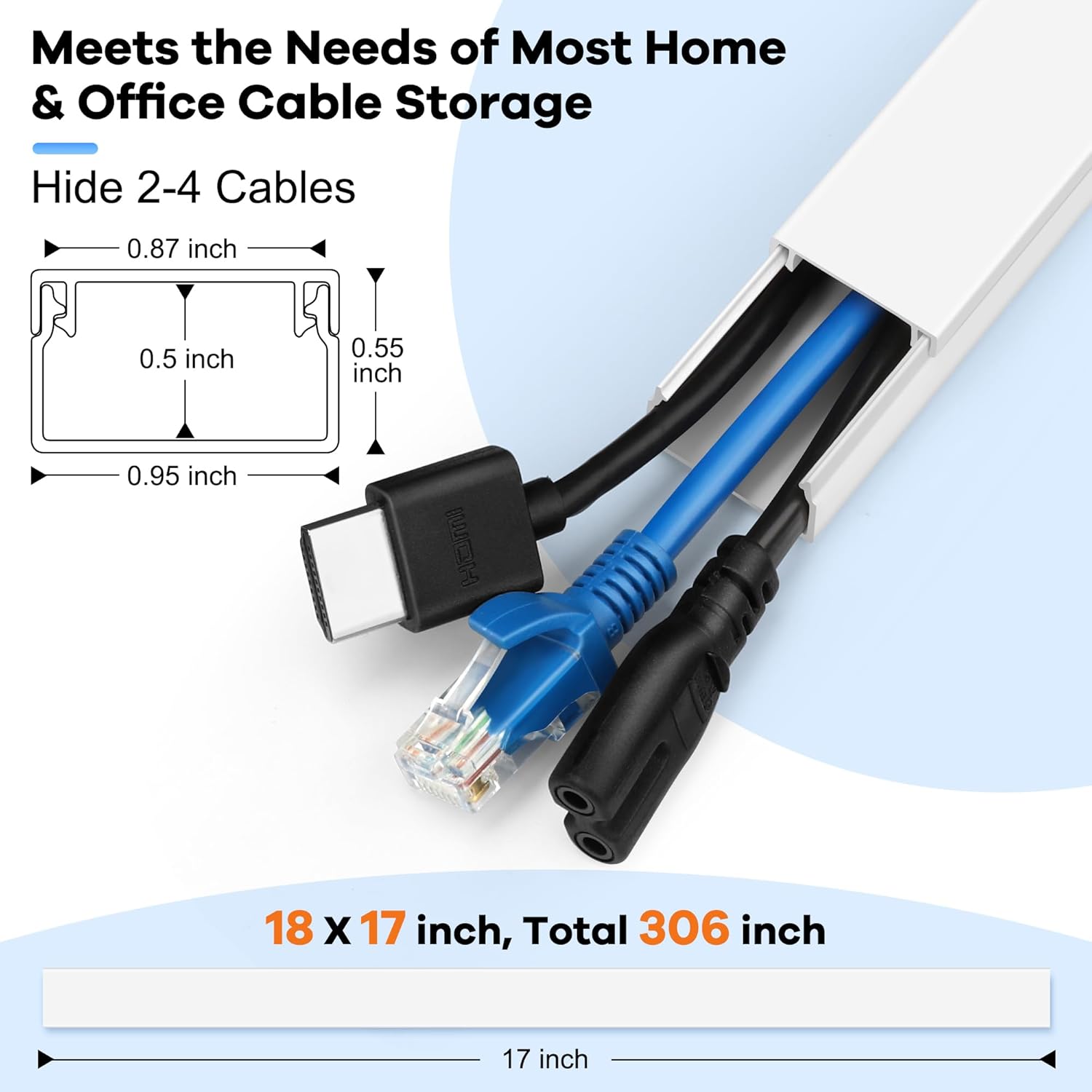 306in Cord Hider Kit, Cord Covers for Wires on Wall, Paintable Wire Cover for Cords, Cable Hider for Wall Mounted TV, White Cord Concealer, Cable Raceway Wire Management, 18x L17in x W0.95in x H0.55in