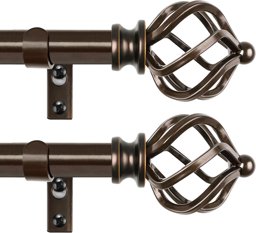 KAMANINA 2 Pack Curtain Rods 32 to 86 Inches (2.6-7.1ft), 3/4 Inch Curtain Rods for Windows Splicing Adjustable Single Drapery Rod with Twisted Cage Finial, for Indoor and Outdoor, Bronze