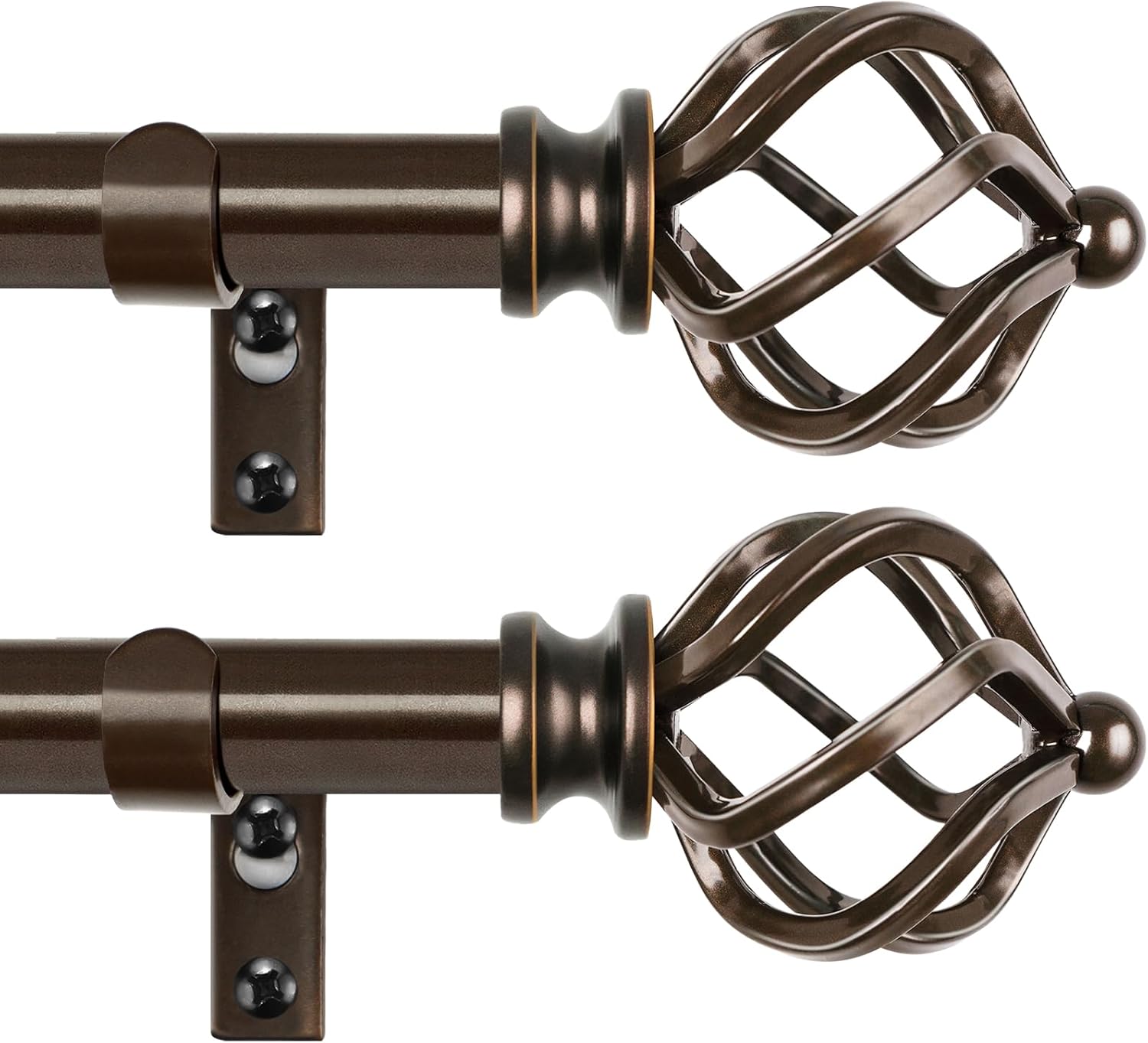 KAMANINA 2 Pack Curtain Rods 32 to 86 Inches (2.6-7.1ft), 3/4 Inch Curtain Rods for Windows Splicing Adjustable Single Drapery Rod with Twisted Cage Finial, for Indoor and Outdoor, Bronze