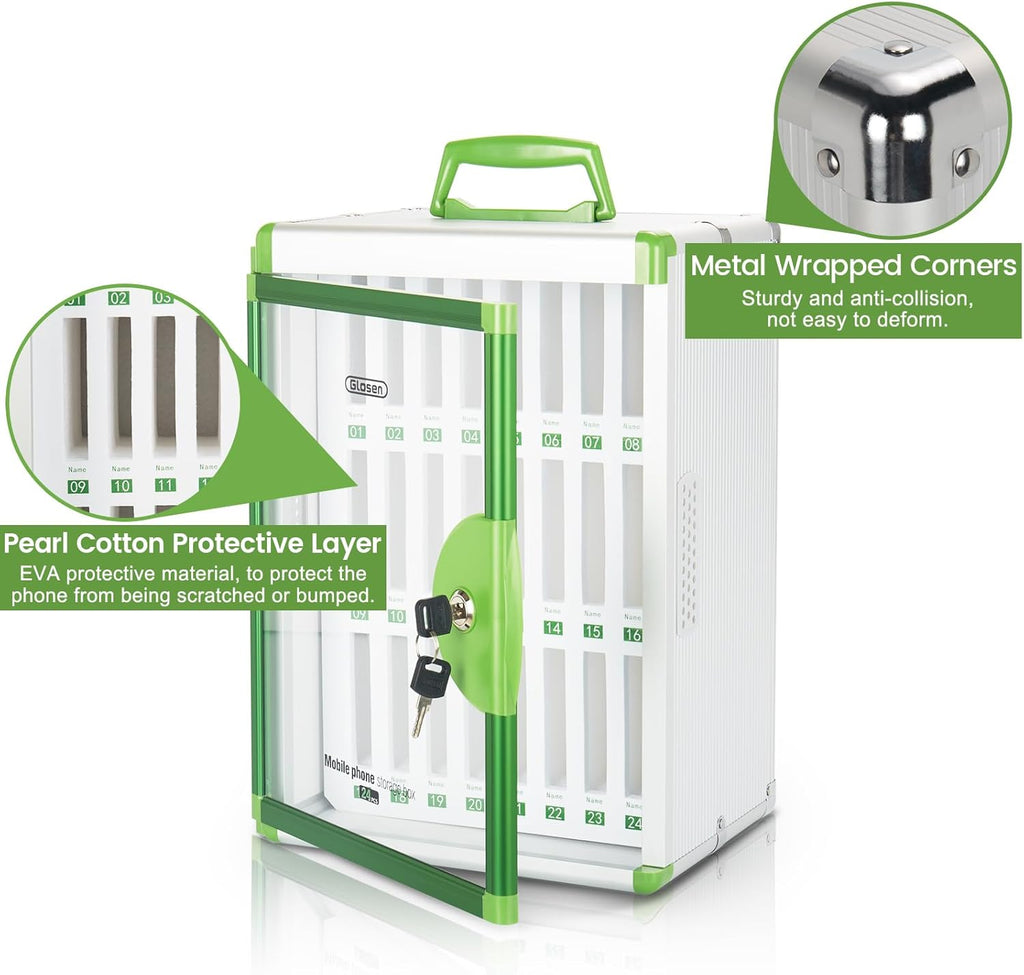 Glosen 24 Slots Cell Phone Locker, Portable Phone Storage Cabinet [Wall Mounted] [Aluminum Alloy] Cellphone Lock Box with Key & Handle for School Classroom Office Exam (Green)