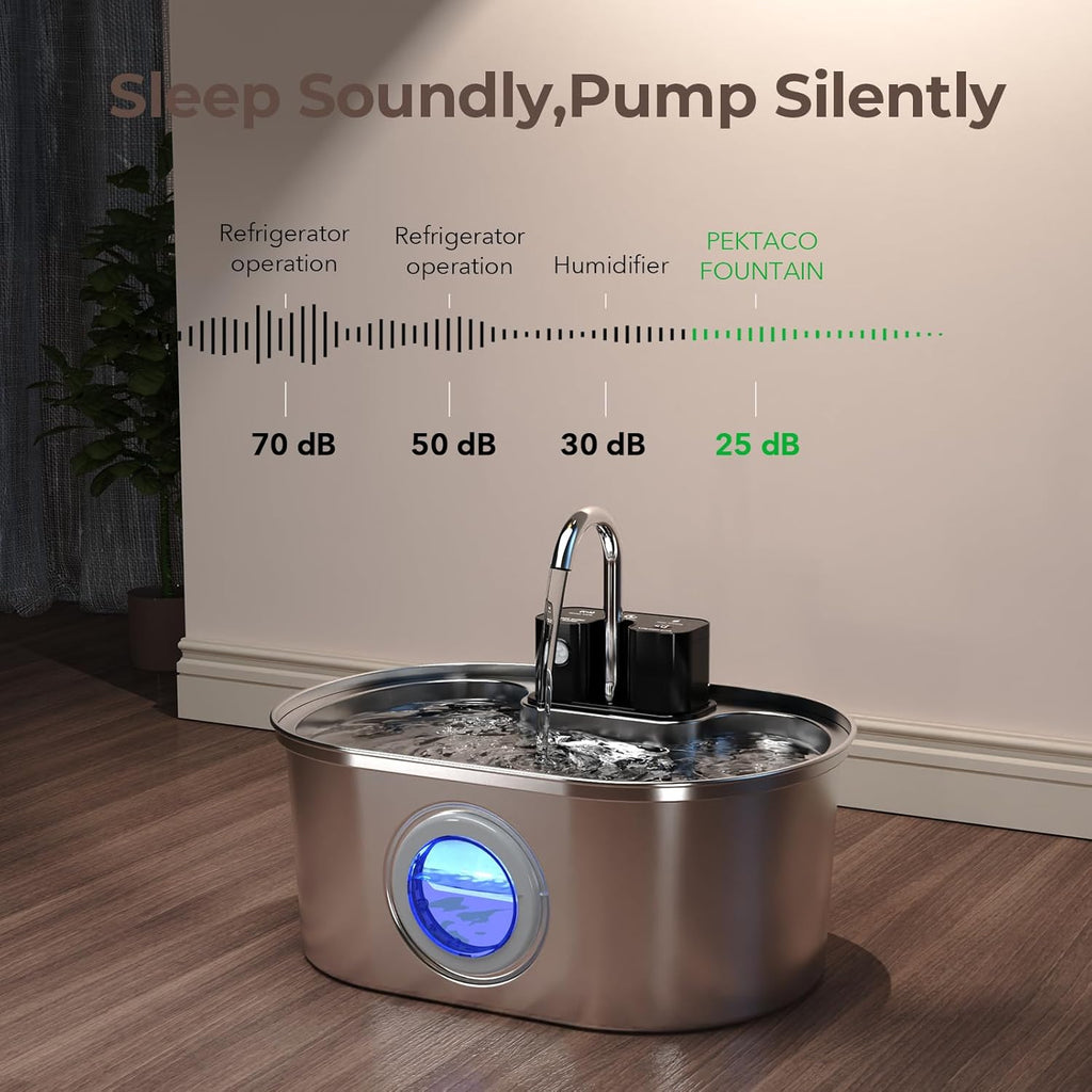 PEKTACO Wireless Cat Water Fountain Stainless Steel, 108oz/3.2L Cordless Battery Operated Pet Water Fountain for Cats Indoor with Quiet Pump, Easy Clean, BPA-Free(3 Filters)