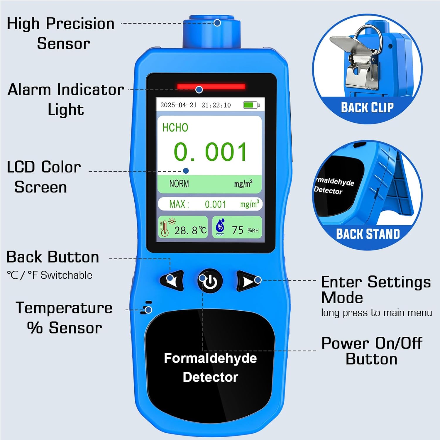 Formaldehyde Detector, Rechargeable HCHO Monitor with Vibration, Visual & Sound Alarms, Temperature Humidity Meter, Formaldehyde Air Quality Tester for Home, Work