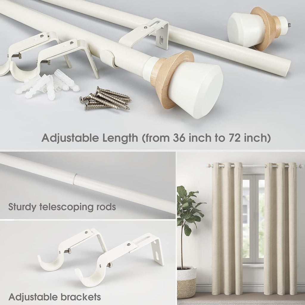 Nordic Style White Single Curtain Rod Set with Decorative Finials, 36-72 inch, Standard Single Drapery Rod for 1 Pack, 1 Inch diameter, Adjustable Length (36-72'', White)
