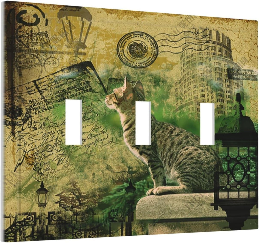 Decorative Light Switch Cover Plate Vintage Style Cat City Stamp 3 Gang Wall Plate Triple Toggle Switch Plate Covers Electrical Outlet Cover for Bedroom Home Decor