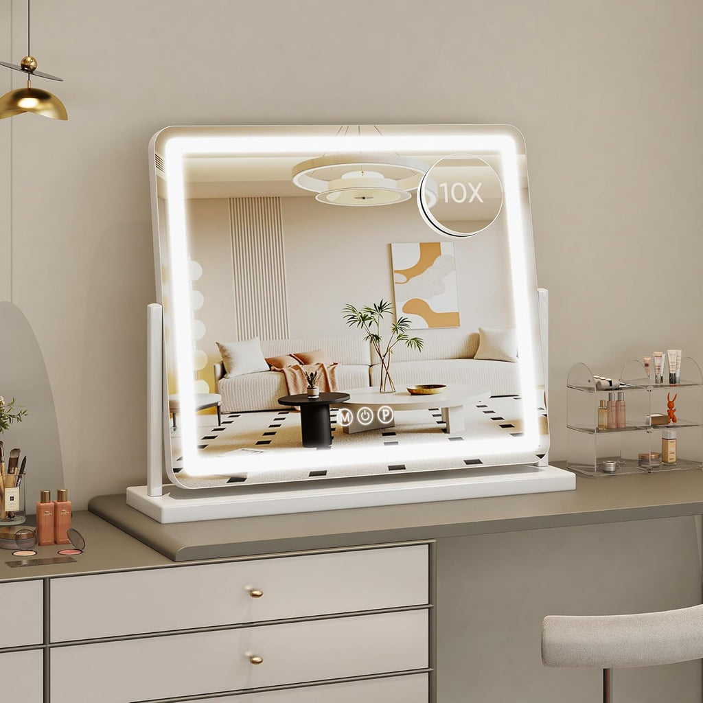 Vanity Mirror with Lights, 22"x19" Hollywood Lighted Makeup Mirror for Tabletop & Bedroom 3 Color Lighting Modes Smart Touch Control 360° Rotation Detachable