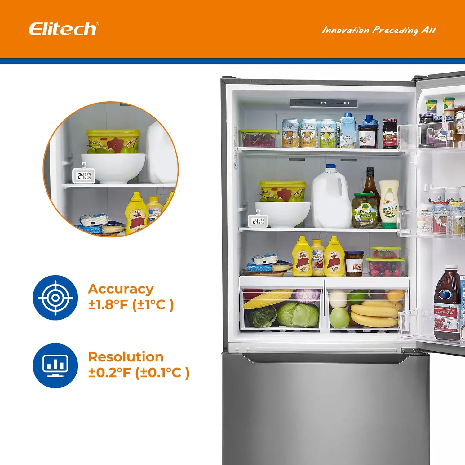 Elitech 3Pack Fridge Thermometer Digital Freeze Refrigerator Thermometer Waterproof Large LCD Display Max/Min Record Function TM-2T