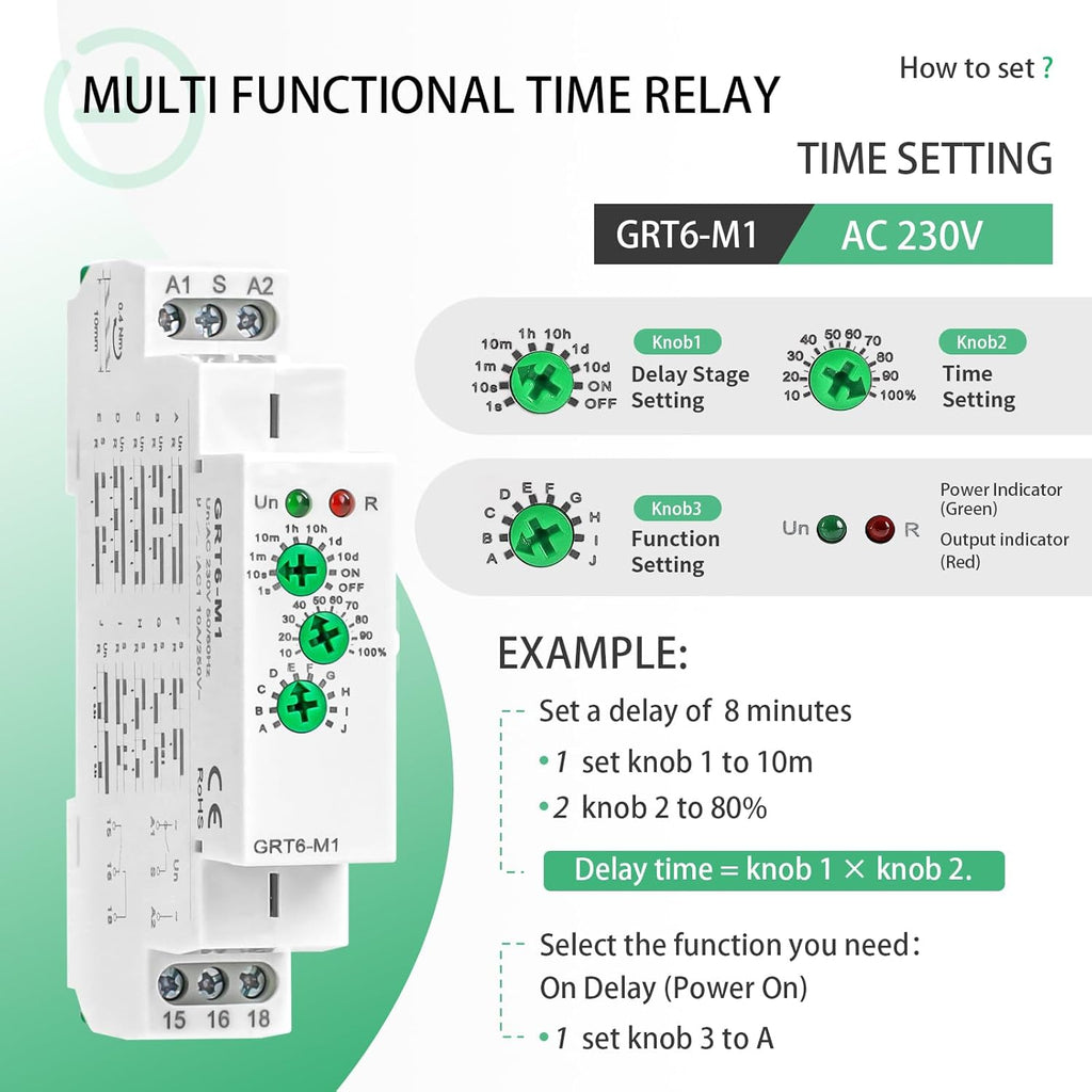 Multifuction Time Relay GRT6 M1 AC 230V with 10 Relay Timer Control Delay Function Mode DIN Rail 10A Electronic Relays of Wide Time Delay Range for 0.1 Seconds to 10 Days