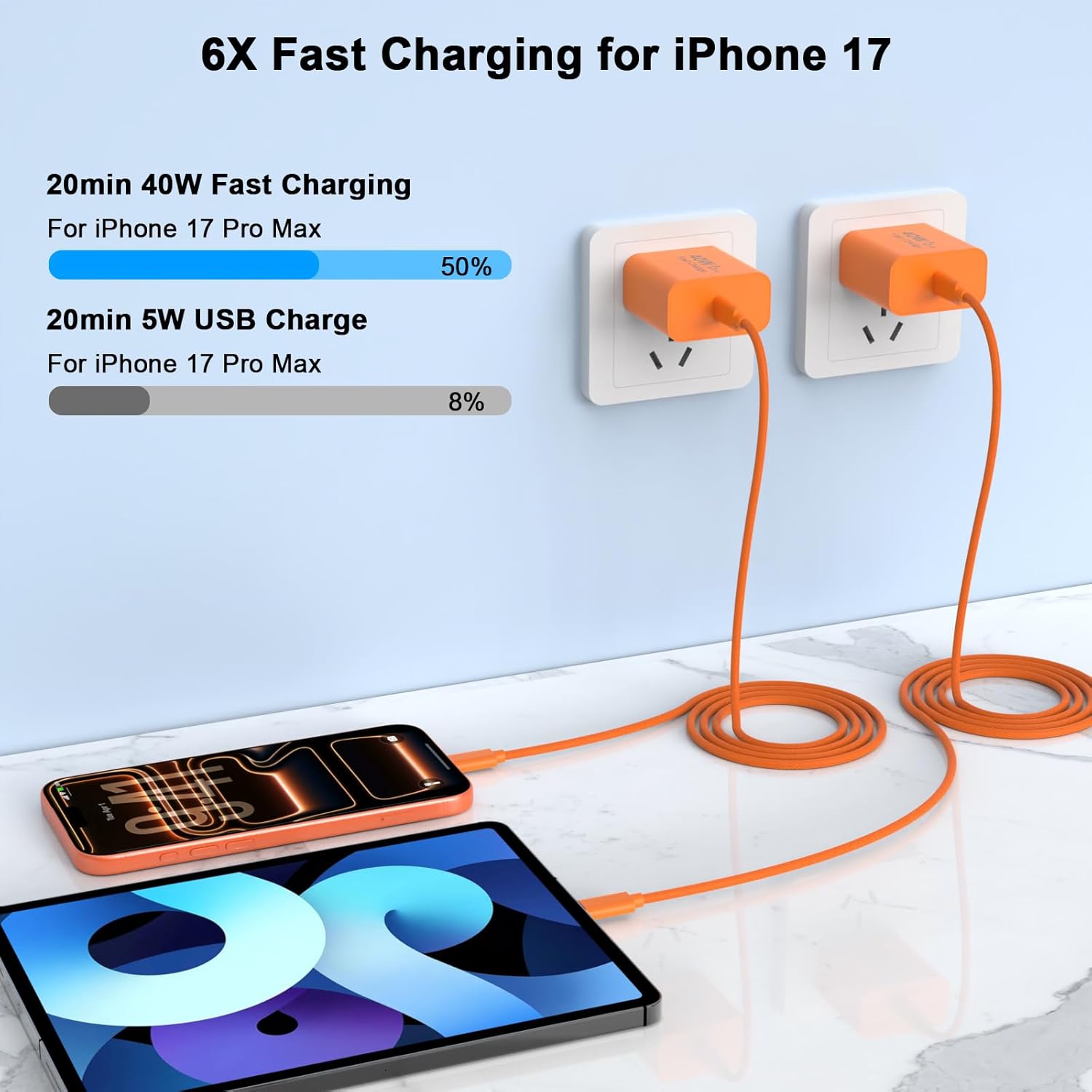 iPhone 17 Pro Max Charger Fast Charging, 40W USB C iPhone 17 Fast Charger Block with 10 FT Long Type C to C Charging Cable Cord for iPhone 17/17 Pro Max/17 Pro/Air/16/16 Pro Max/15/15 Pro Max, Orange