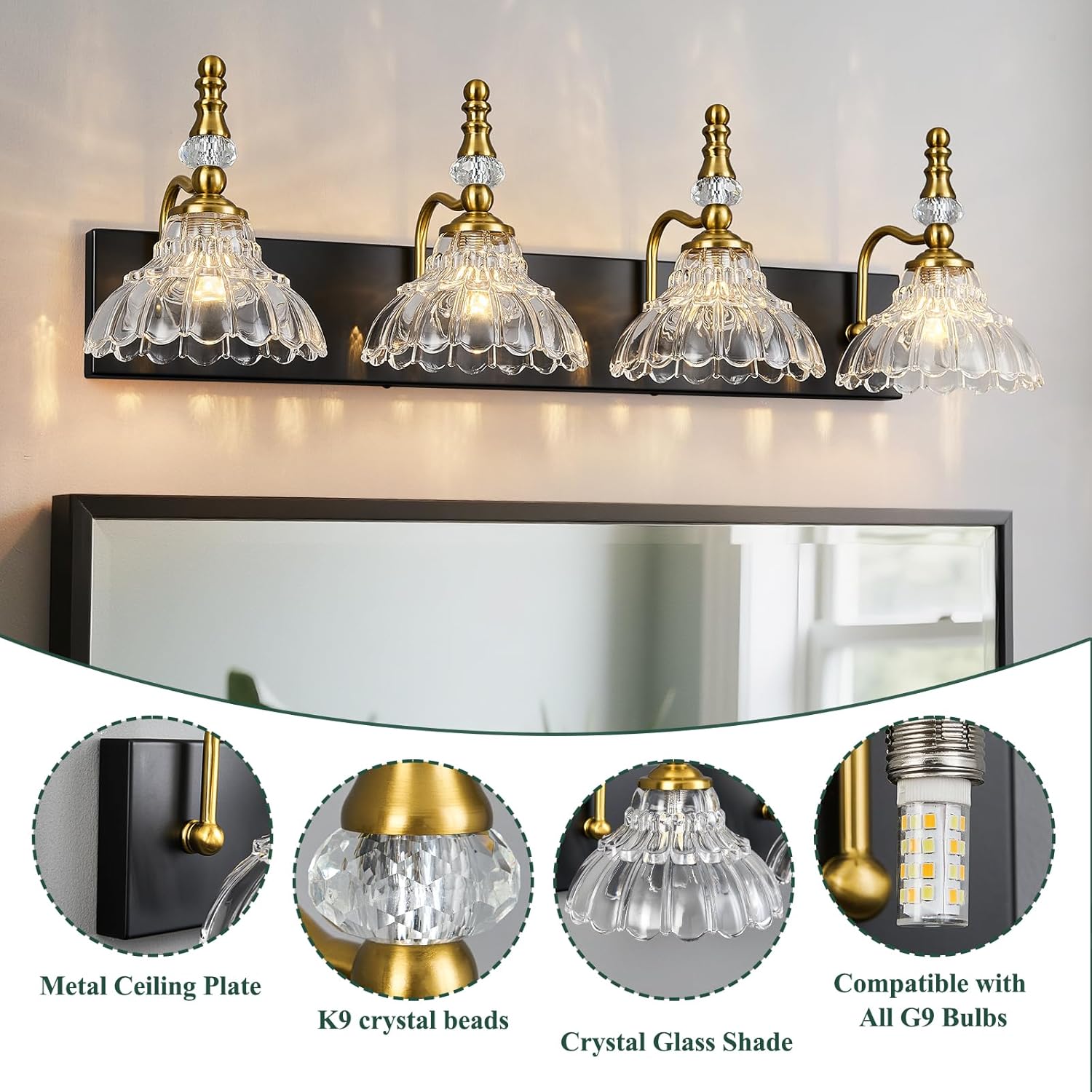 Vintage Bathroom Vanity Light, 4-Light Black Gold Vanity Lighting Fixture with Flower Glass Shade, Bathroom Lighting Fixtures Over Mirror