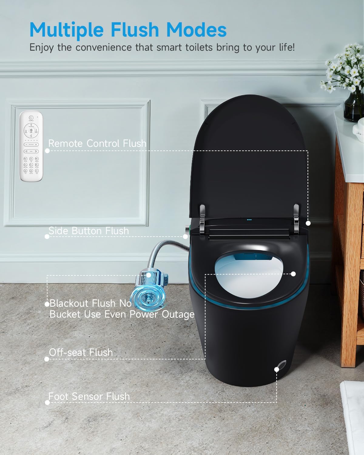 WANSID Black Smart Toilet with Bidet Built In, Auto Open/Close Lid, Heated Seat, Warm Wash & Dryer, Night Light, Soft-Close,Modern Elongated Tankless One Piece Toilets, 1.28 GPF
