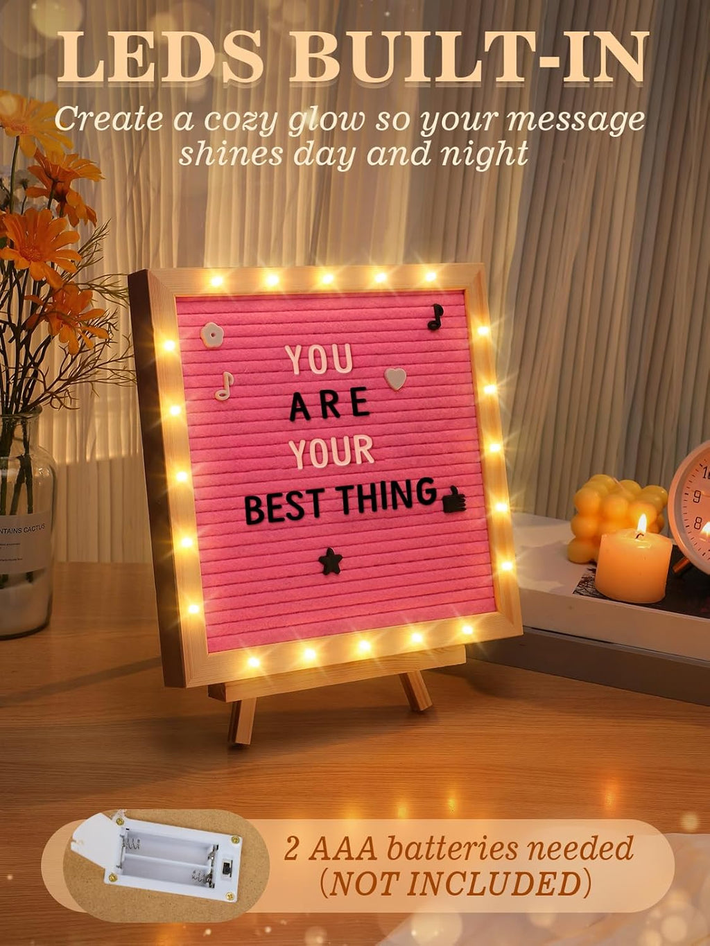 Changeable Felt Letter Board with LED Lights - 10×10" Message Custom Signs & Wood Stand & 450 Letters, Poster Board for Valentine's Day/Baby/Pregnancy Announcement/Classroom Wall Decor Gifts, Pink