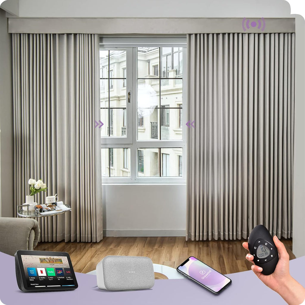 Graywind Rechargeable Smart Curtains Compatible with Alexa App Remote Control Motorized Drape for Sliding Door One-Way or Split Draw, Custom Width Up to 220" (Champagne White)