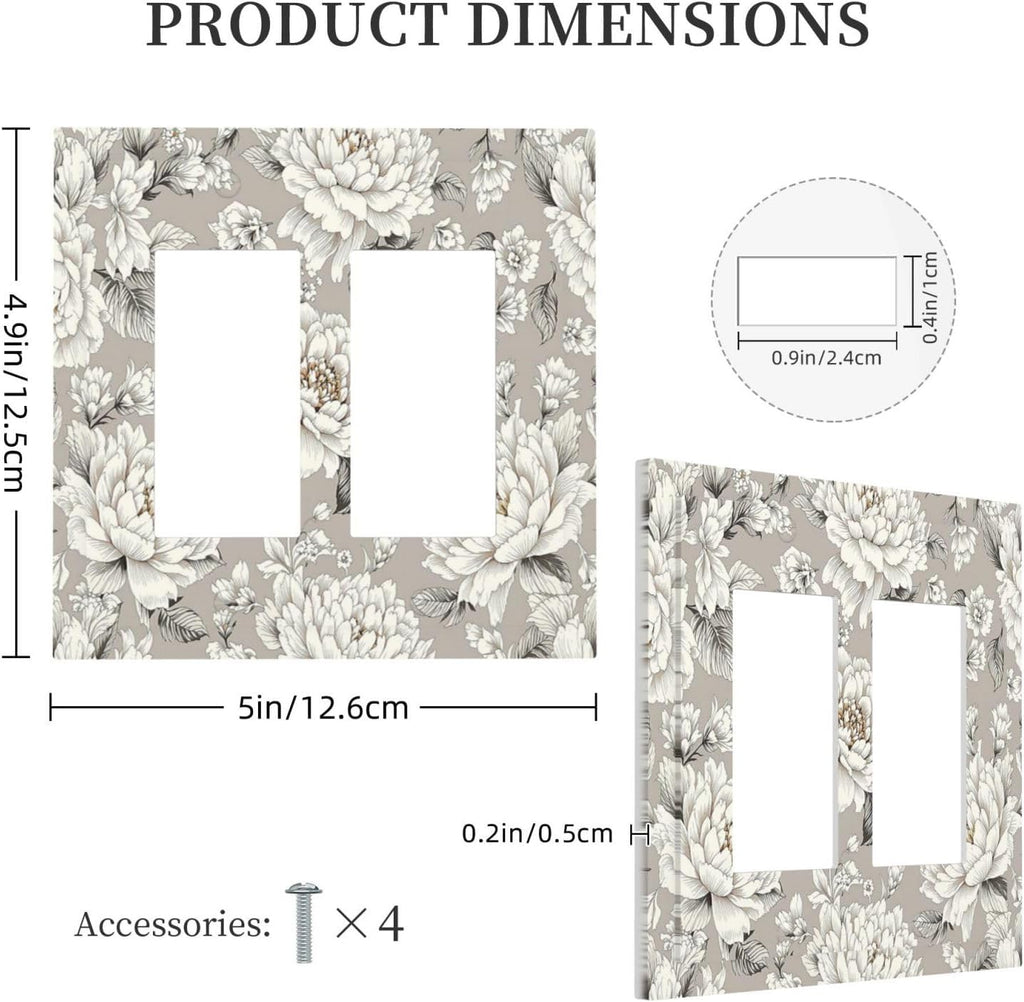 White Poppies Floral Modern Grey Peonies Flowers Decorative Outlet Covers 2 Gang Double GFCI Rocker Light Switch Cover Plate Electrical Wall Panels for Bedroom Bathroom Decor