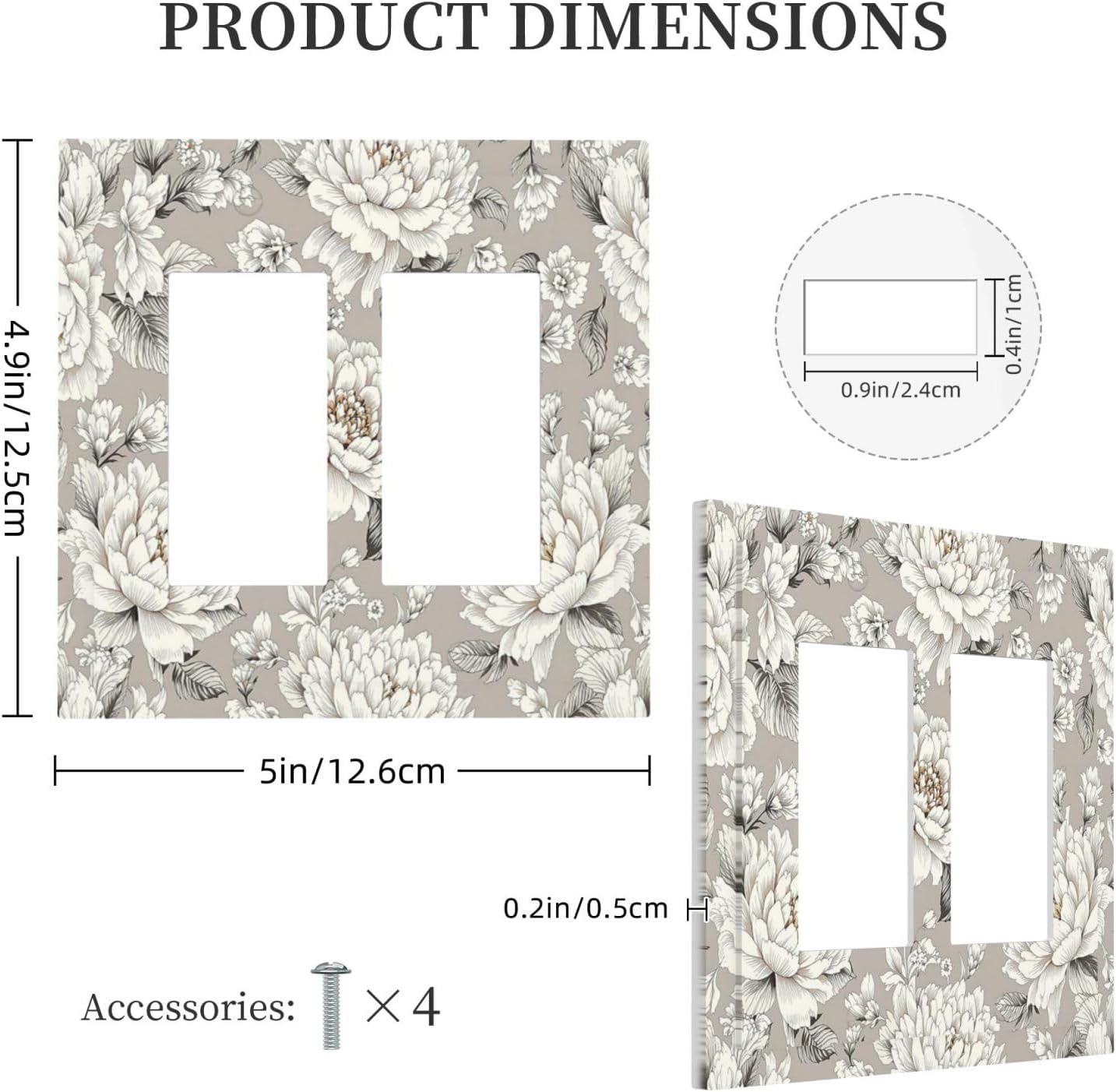 White Poppies Floral Modern Grey Peonies Flowers Decorative Outlet Covers 2 Gang Double GFCI Rocker Light Switch Cover Plate Electrical Wall Panels for Bedroom Bathroom Decor