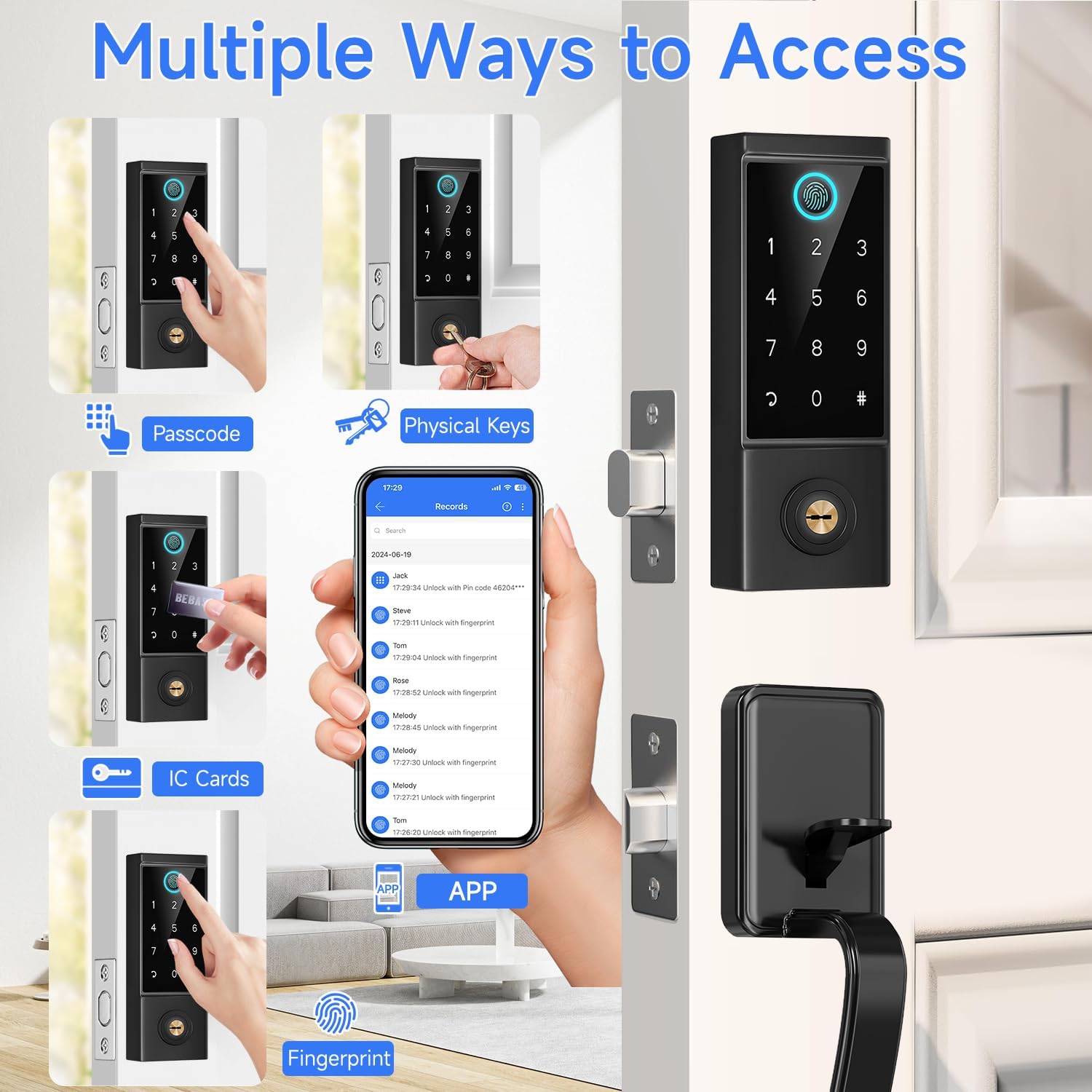 BEBASIA Heavy Duty Fingerprint Smart Door Lock for Front Door, APP Control Front Door Lock Sets, Auto Lock, Anti-Peeping Touchscreen Digital Keypad, Electronic Keyless Entry Deadbolt, Black