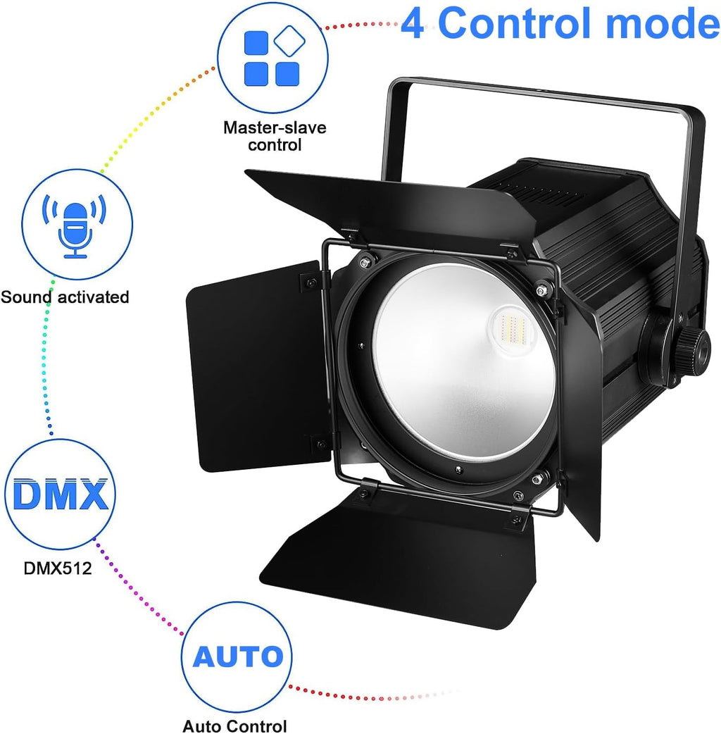 COB Stage Lights with Barn Doors, COB Par Light 200W LED RGBWAUV DMX512 Master-Slave Sound DJ Lighting Spotlight Fresnel for Church Concert Wedding (6-Colors Style, 2)