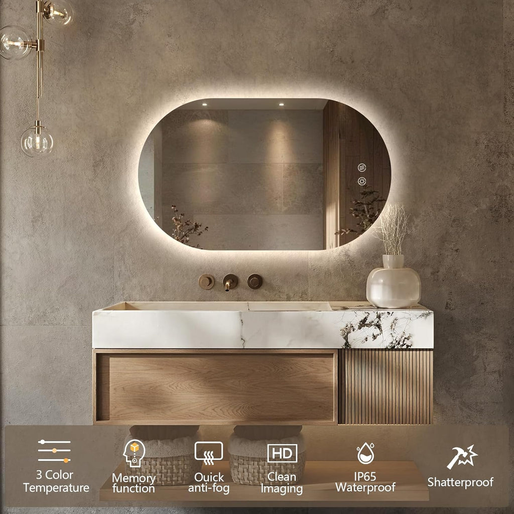 40" x 24" Oval LED Mirror for Bathroom, Backlit Vanity Mirror with Lights, Frameless Smart Wall Mirror, 3 Colors Stepless Dimmable, Anti-Fog, Shatterproof, Memory, CRI95+(Horizontal/Vertical)