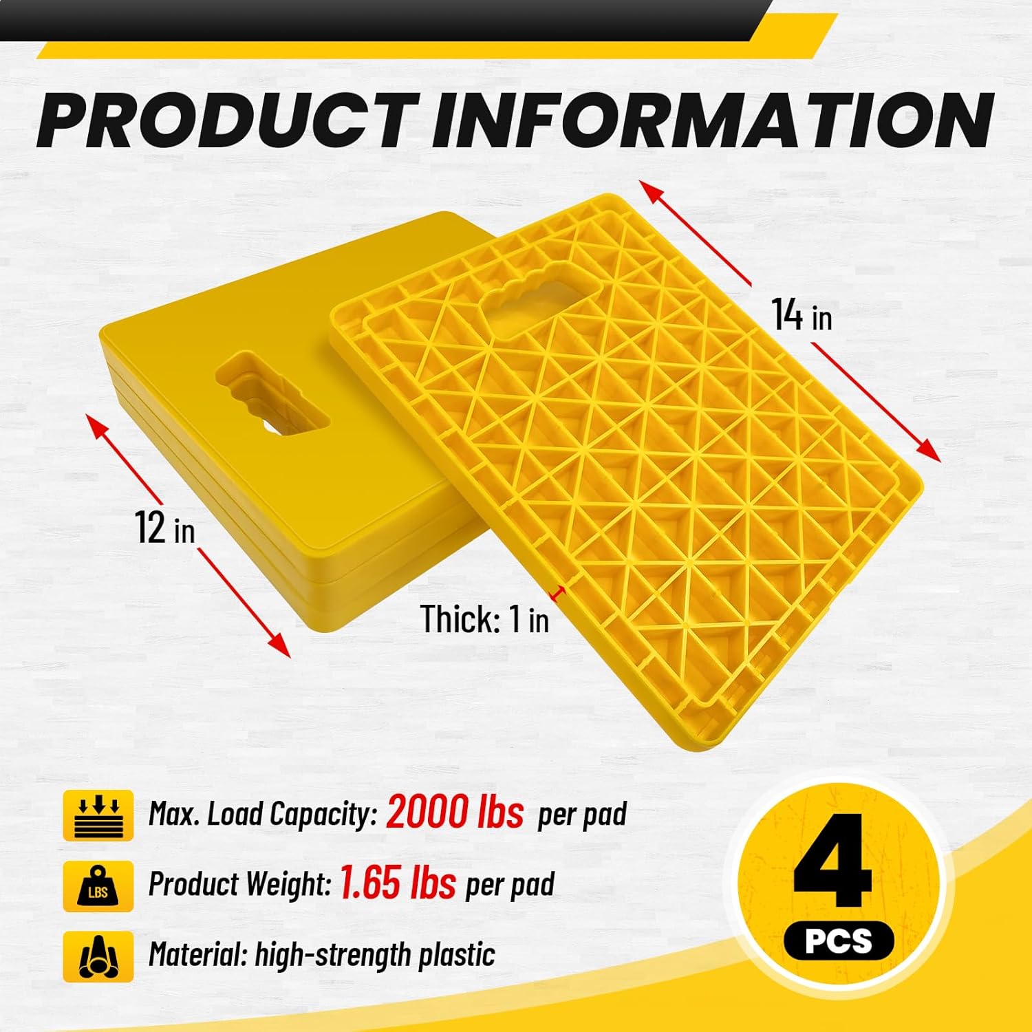 ROBLOCK Large RV Jack Stabilizer Pads,Sinking Resistant Stackable Camper Stabilizer Pads with Easy-Grip Handle and Handy Strap, Easy Storage & Organization, Yellow 4 Pack 14" x 12"