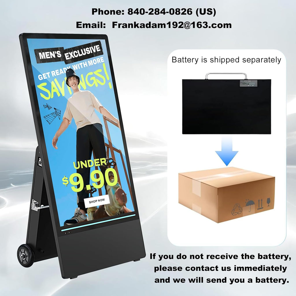 43 Inch Outdoor Digital Signage Displays, Rechargeable Digital LCD Kiosks, Moveable Commercial Totem, IP65 Waterproof, Auto Adjustment 2000nits High Brightness Screen, High Capacity Battery for Restaurant/Bar/Food Truck/Store