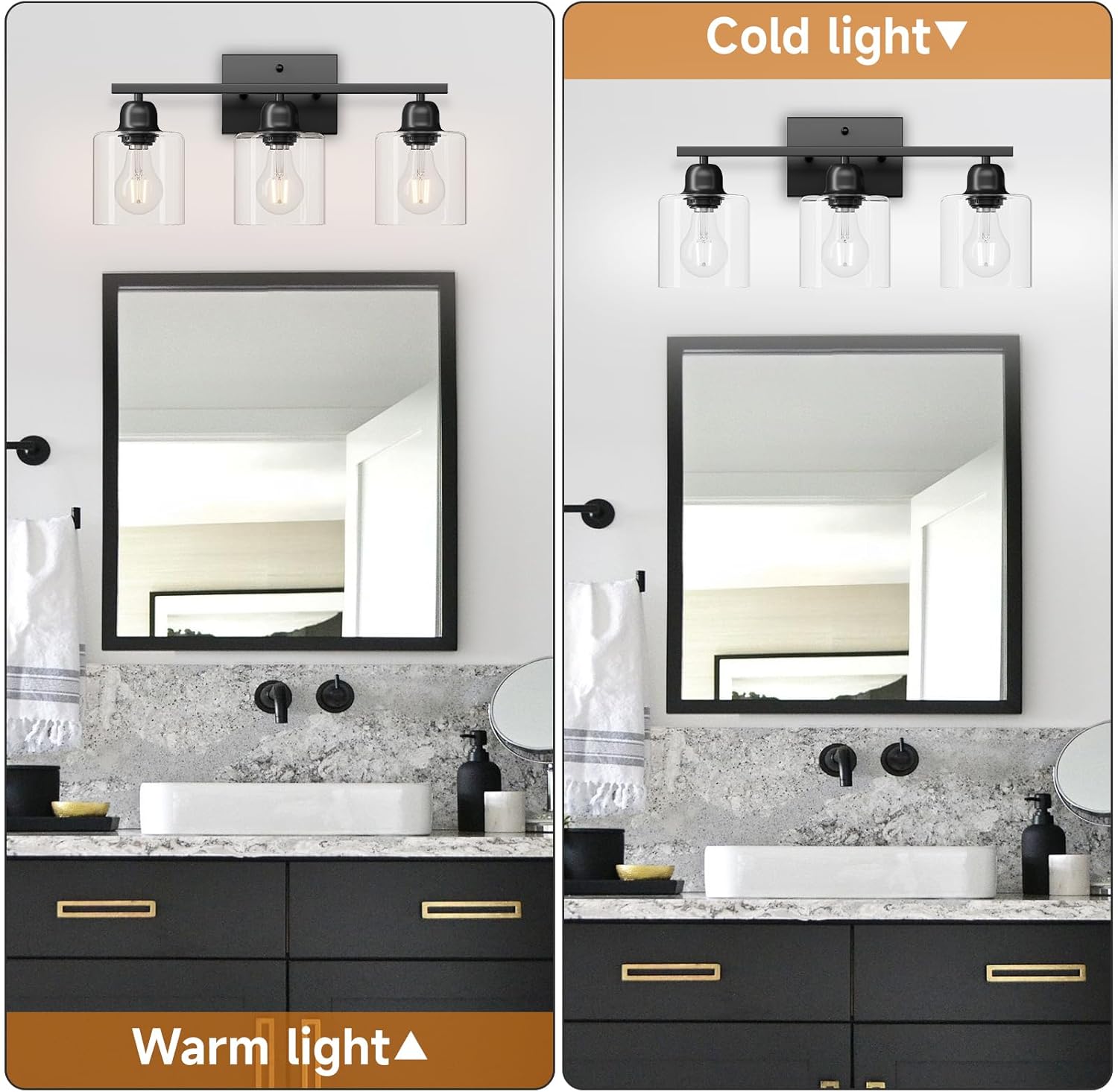 Modern 3 Light Bathroom Light Fixtures, 19 inch Black Vanity Lights For Bathroom With Clear Glass, Bathroom Lighting Fixtures Over Mirror For Mirror Kitchen Living Room Hallway Cabinet Porch