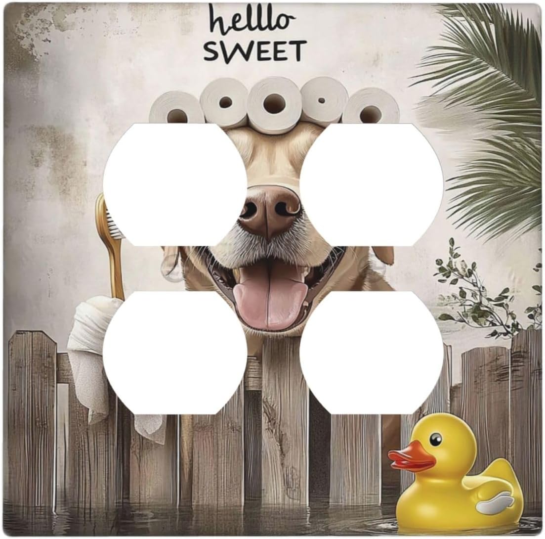 Funny Dog Rustic Farmhouse Wooden Fence Labrador Outlet Covers 2 Gang Double Duplex Decorative Light Switch Covers Electrical Wallplates Socket Faceplate For Kids Room Bathroom Decor