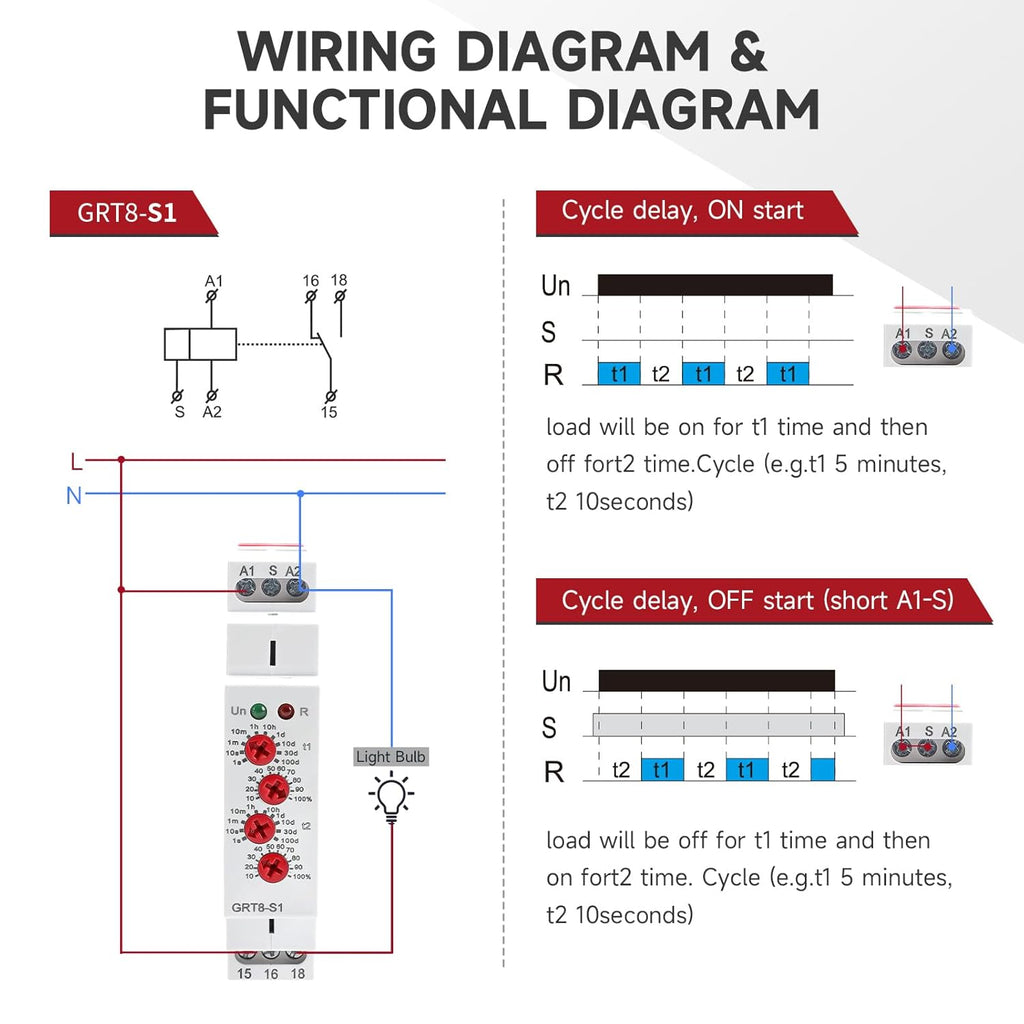 Asymmetric Cycle Timer Relay 1SPDT AC 230V 16A Long or Short Period Repeat Cycle Tntermittent Timer Electronic Relay in Din Rail (GRT8-S1 AC 230V)
