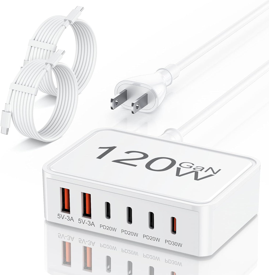 USB C Charger Block, 120W GaN 6-Port Charging Station, 5FT Cord Type C Charger Fast Charging for iPhone 17/16/15/14, iPad, Galaxy, Pixel,etc
