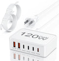 USB C Charger Block, 120W GaN 6-Port Charging Station, 5FT Cord Type C Charger Fast Charging for iPhone 17/16/15/14, iPad, Galaxy, Pixel,etc