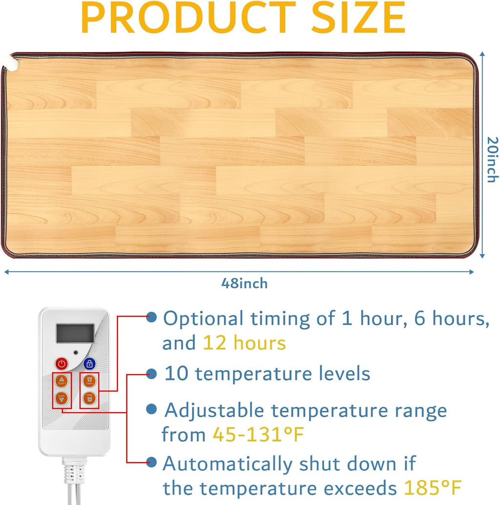 PVC 110V Heated Floor Mat Heater for Foot Warmer Under Desk 48 x 20 Inch Carbon Crystal Wood Stripe Electric Heating Carpet Pad Energy Saving Indoor Heated Rug for Home Office House Brown