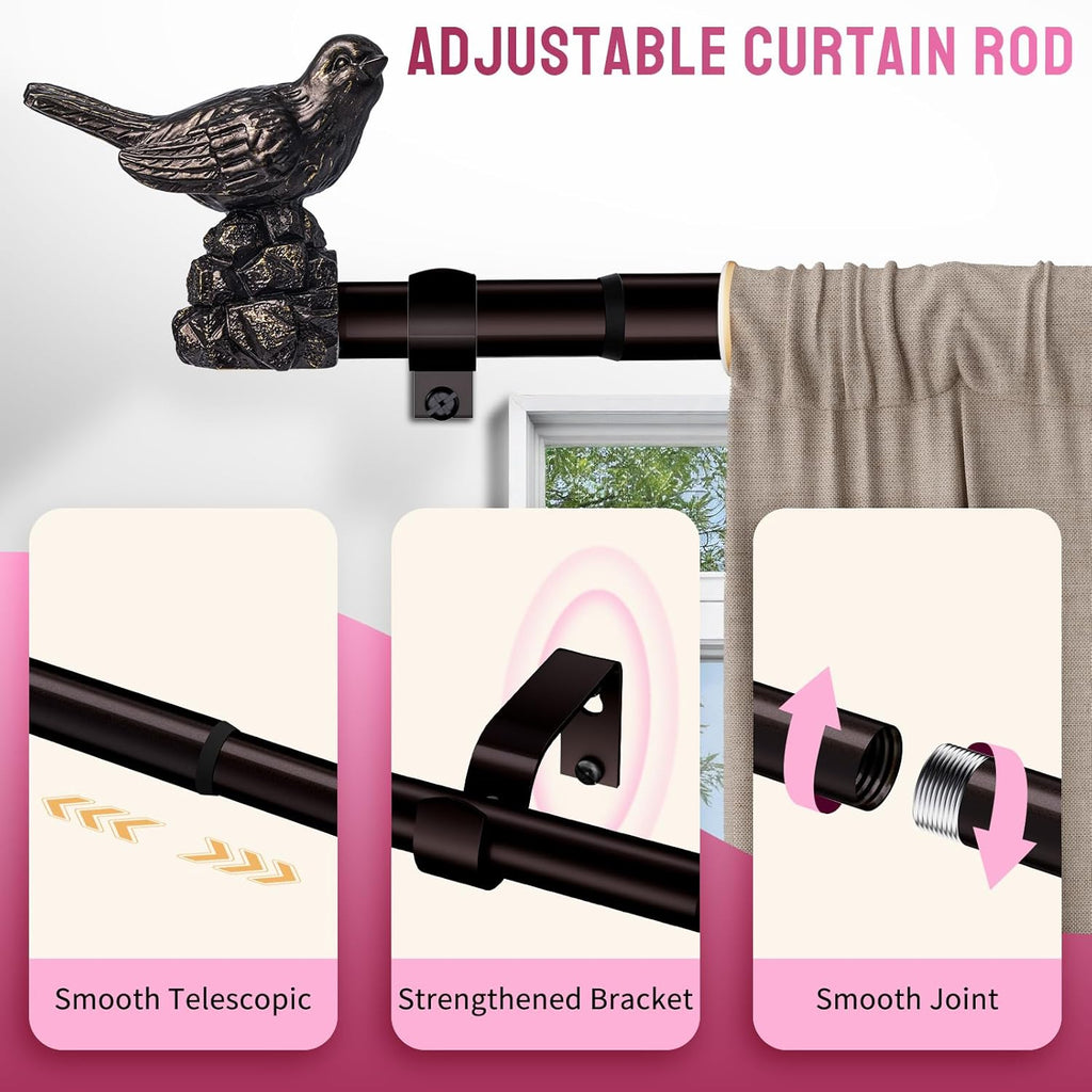 Curtain Rods for Window 48 to 90 Inches Vintage Bronze Curtain Rod with Bird Finials Adjustable Drapery Rod Heavy Duty Curtains Rods for Living Room Kitchen Window