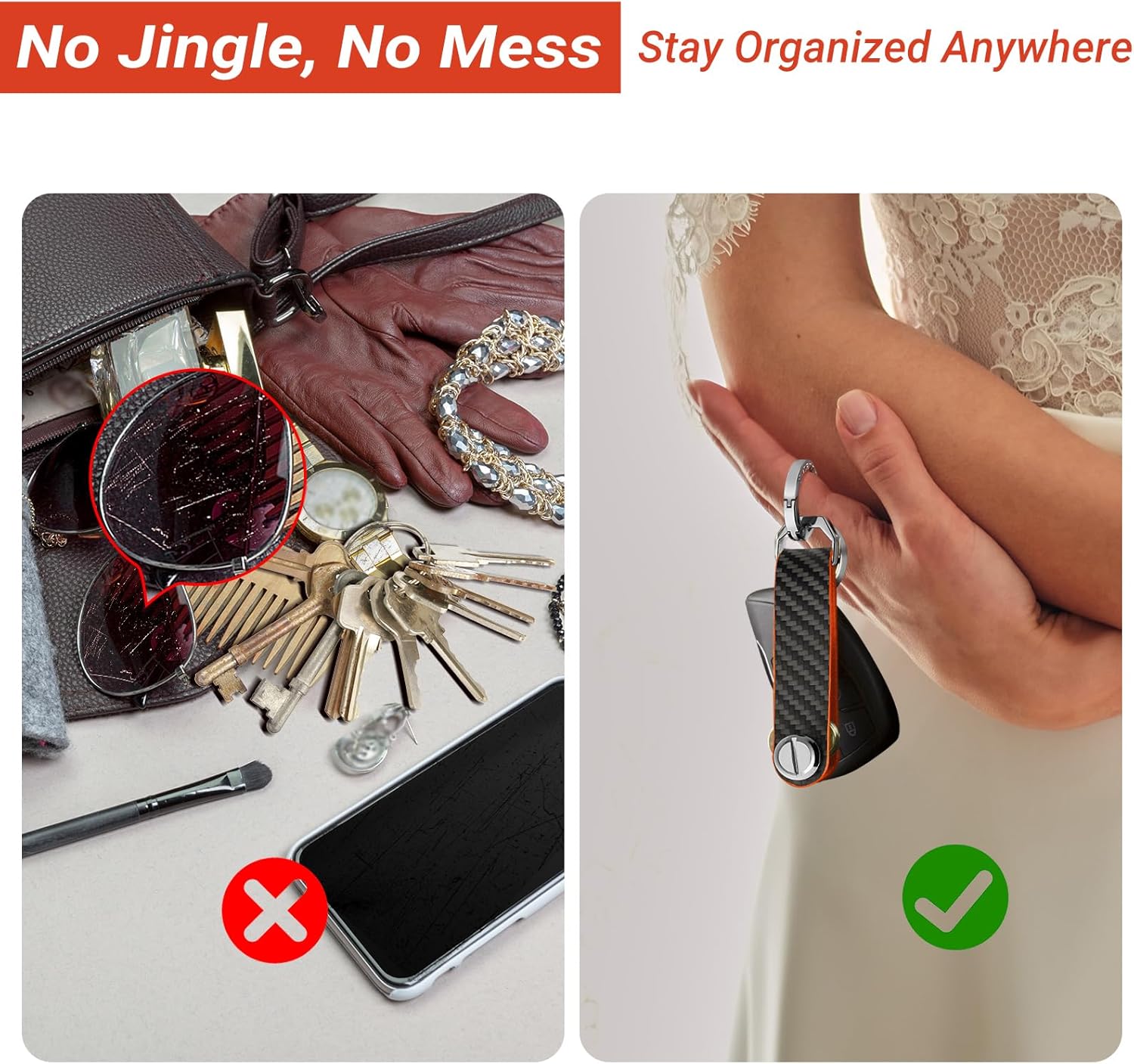 T-carbon Key Organizer, Carbon Fiber Leather Compact Key Holder, Silent Keychain, Expandable Key Case Holds Up to 8 Keys