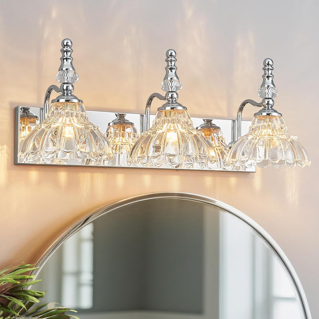 Vintage Bathroom Vanity Light, 3-Light Chrome Vanity Lighting Fixture with Flower Glass Shade, Bathroom Lighting Fixtures Over Mirror
